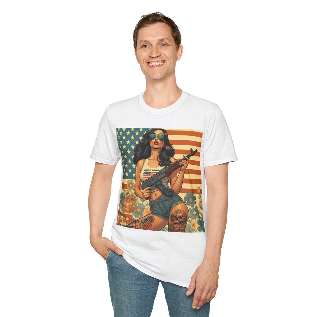 Graphic T-Shirt — Patriotic Pinup Girl with Rifle Vintage Flag Design (US Only)