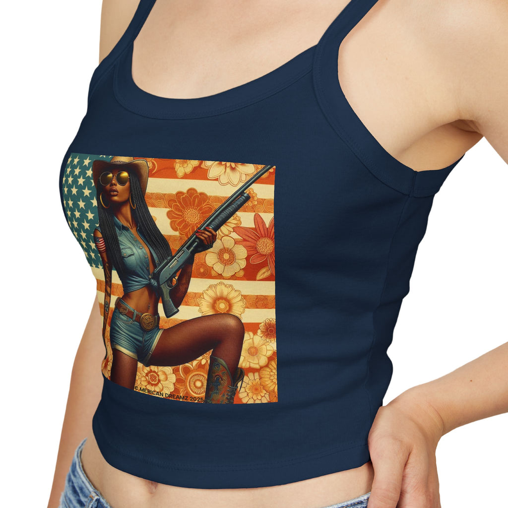 Retro Pinup Girl Tank Top — Vintage Flag & Floral Spaghetti Strap