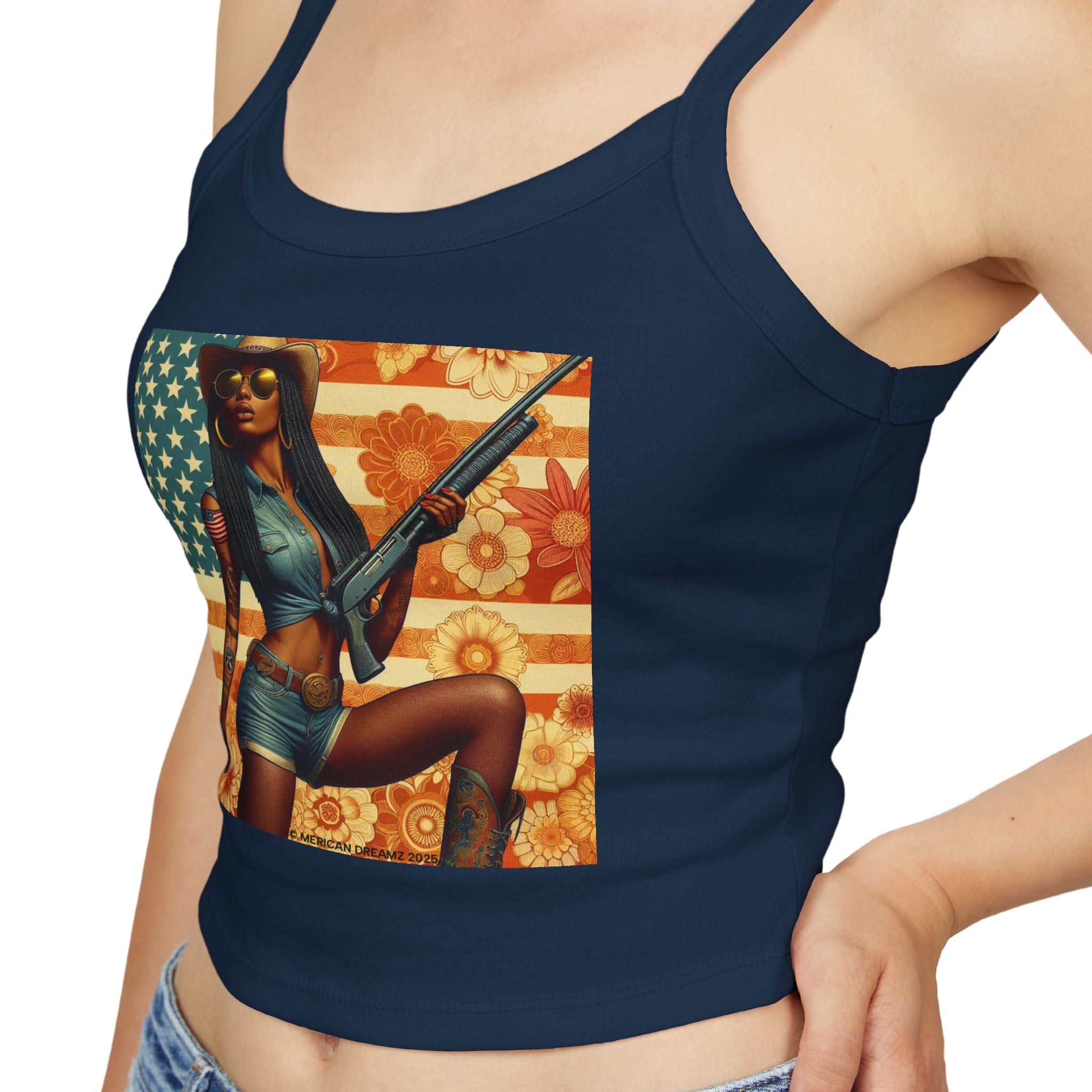 Retro Pinup Girl Tank Top — Vintage Flag & Floral Spaghetti Strap