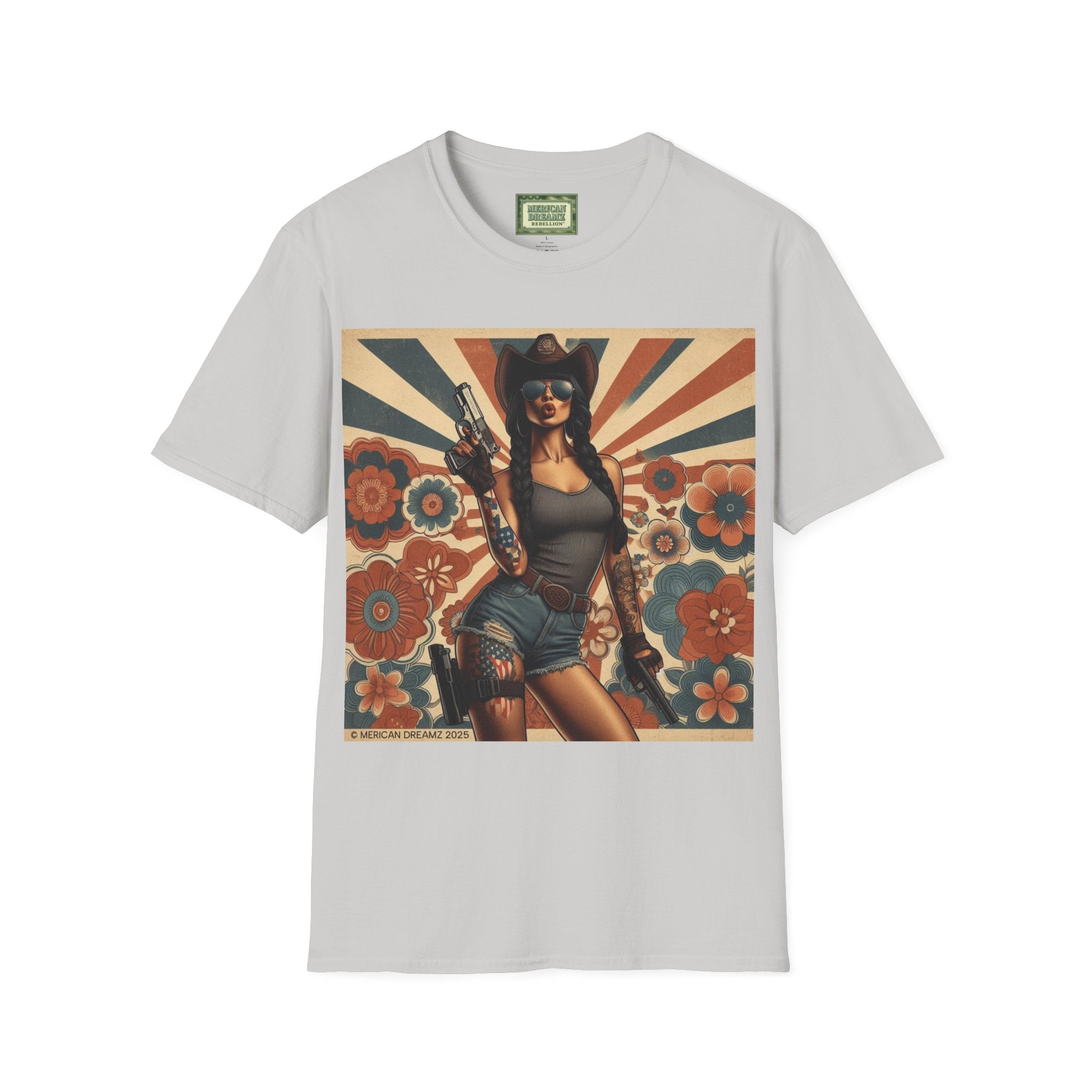 Pin-Up Americana T-Shirt — Retro Floral Gun Cowgirl Vintage Style (US Only)