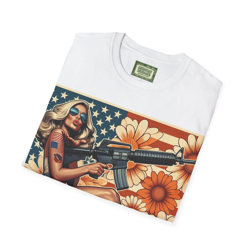 Graphic T-Shirt — Patriotic Pinup Girl with Rifle Vintage Flag Design (US Only)