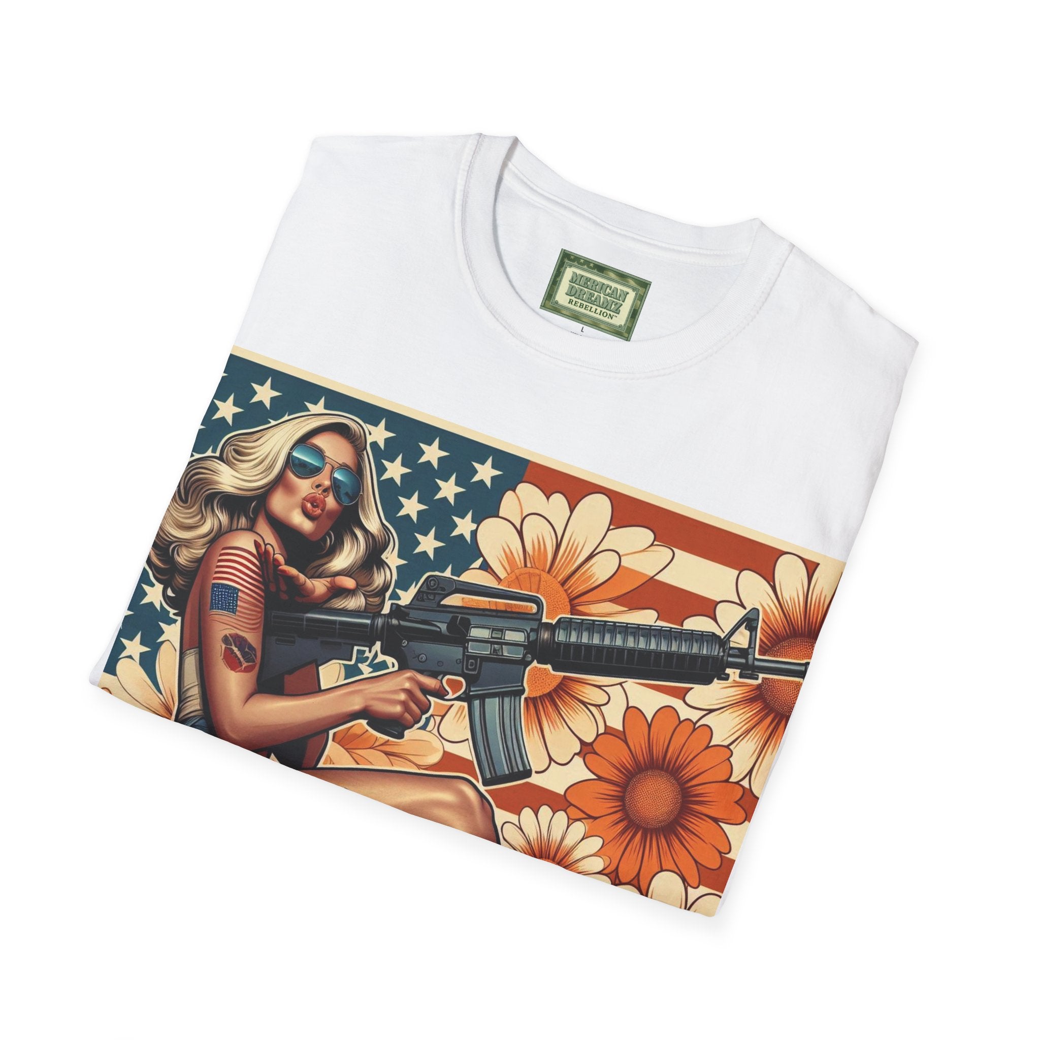 Graphic T-Shirt — Patriotic Pinup Girl with Rifle Vintage Flag Design (US Only)