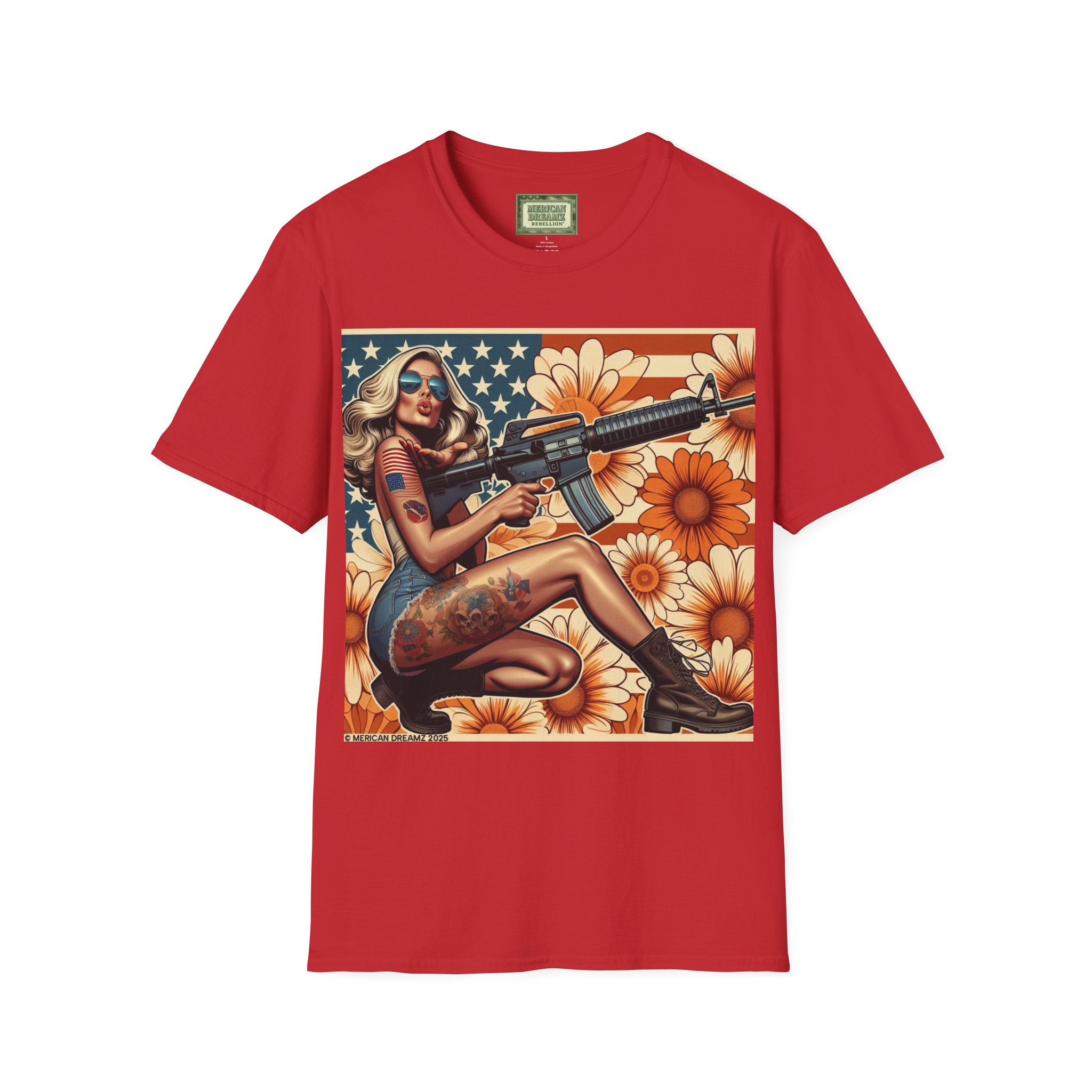 Graphic T-Shirt — Patriotic Pinup Girl with Rifle Vintage Flag Design (US Only)
