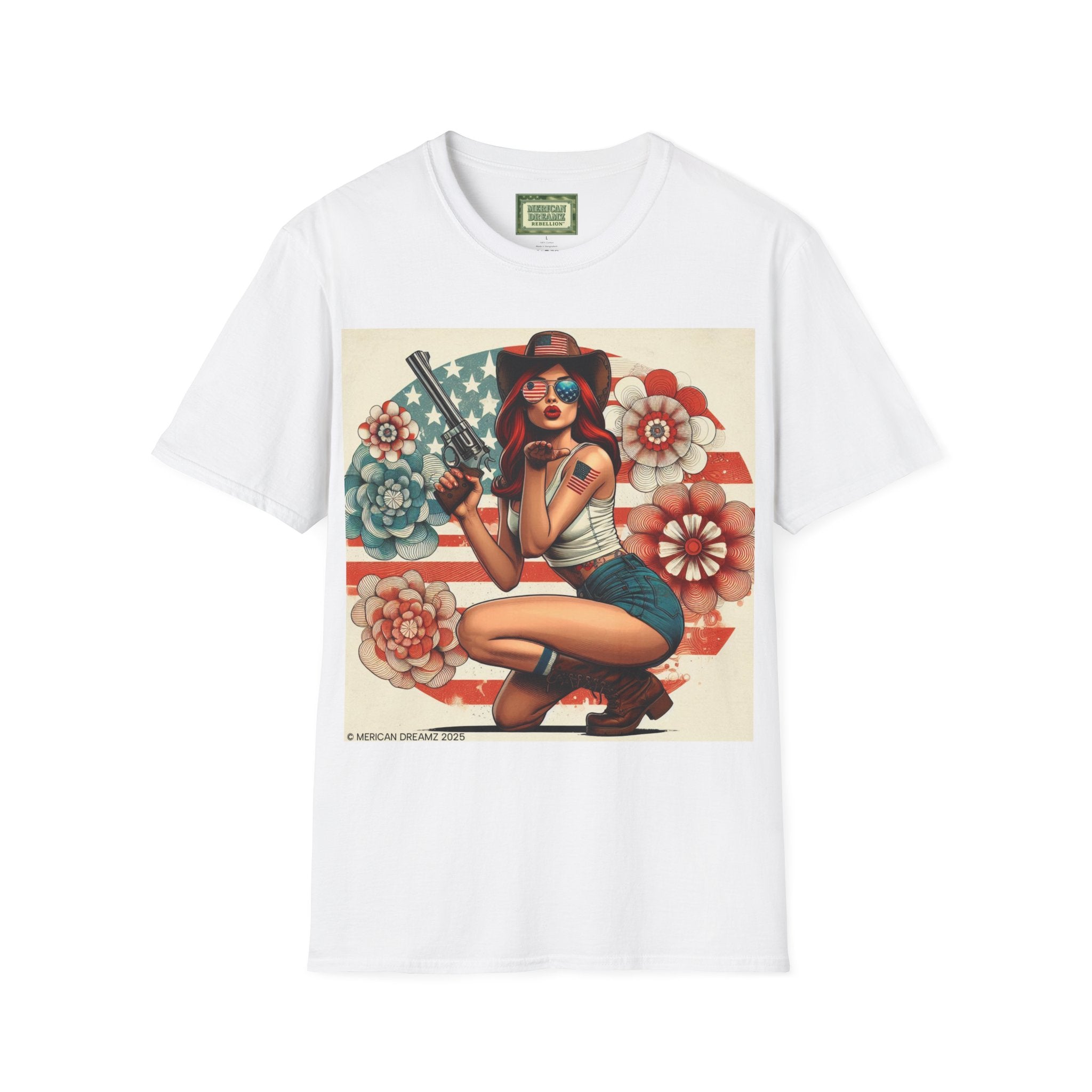 Pin-Up Americana T-Shirt — Retro Floral Gun Cowgirl Vintage Style (US Only)
