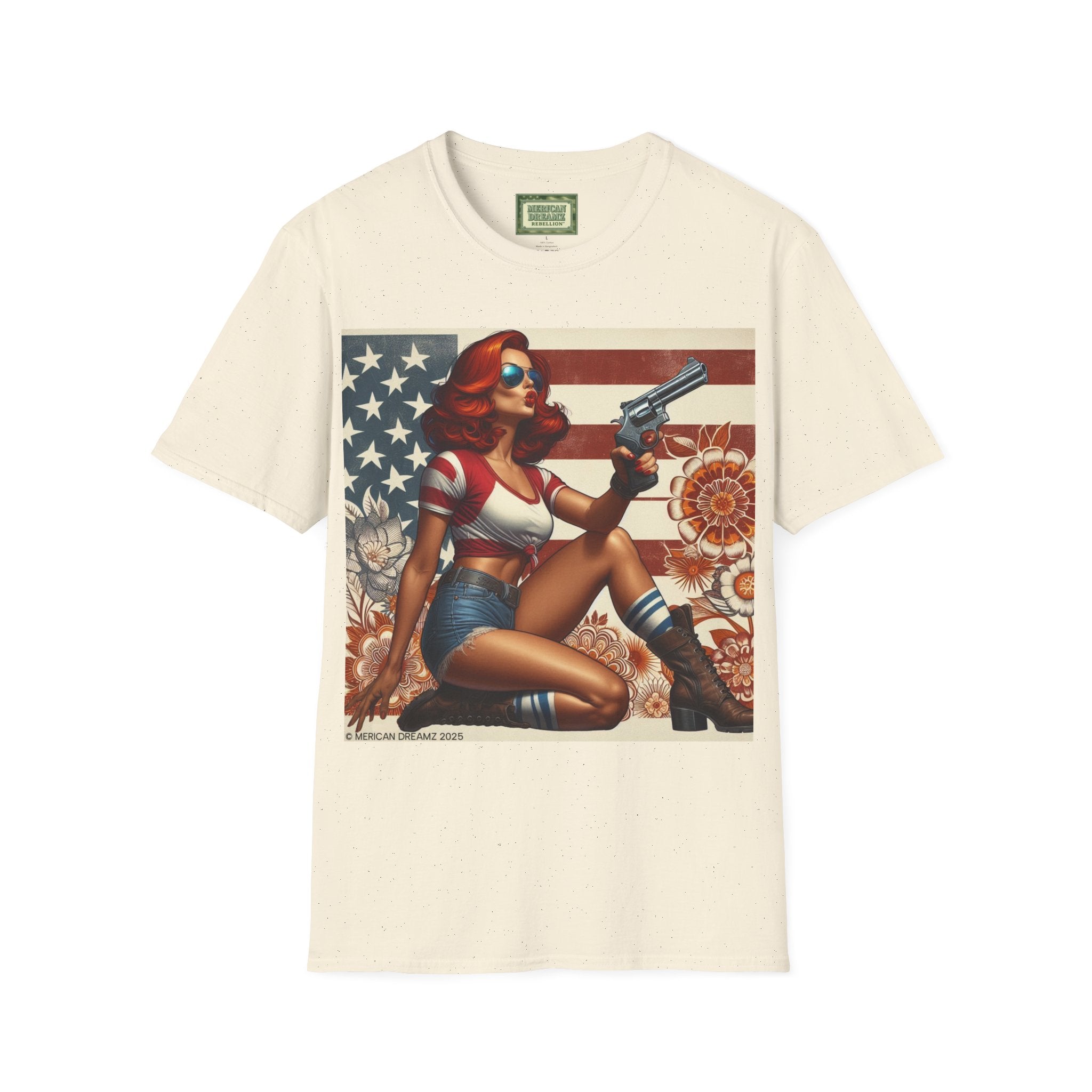 Graphic T-Shirt — Patriotic Pinup Girl with Rifle Vintage Flag Design (US Only)