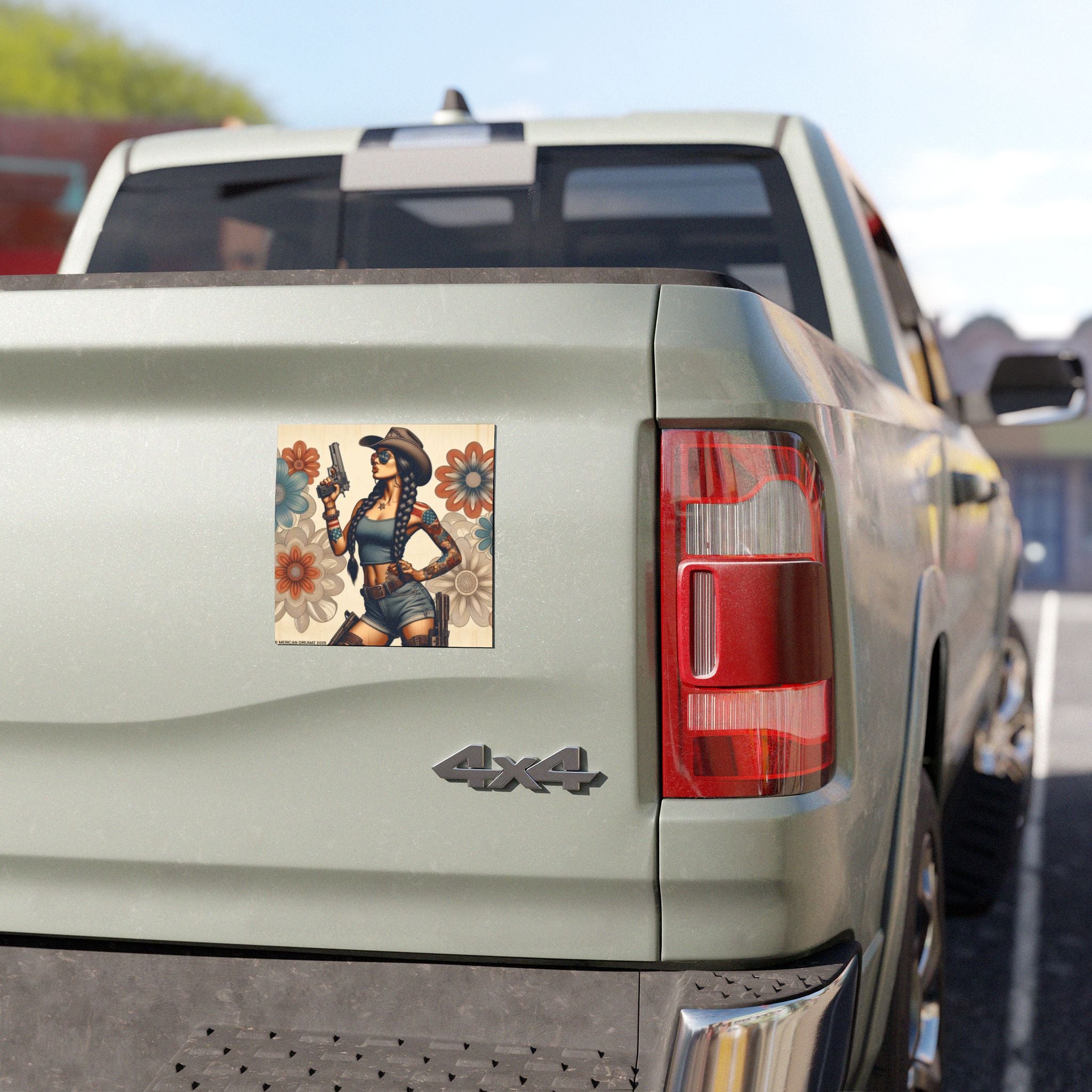 Car Magnet Patriotic Americana Cowgirl with Pistol | Square American Flag Vintage Floral