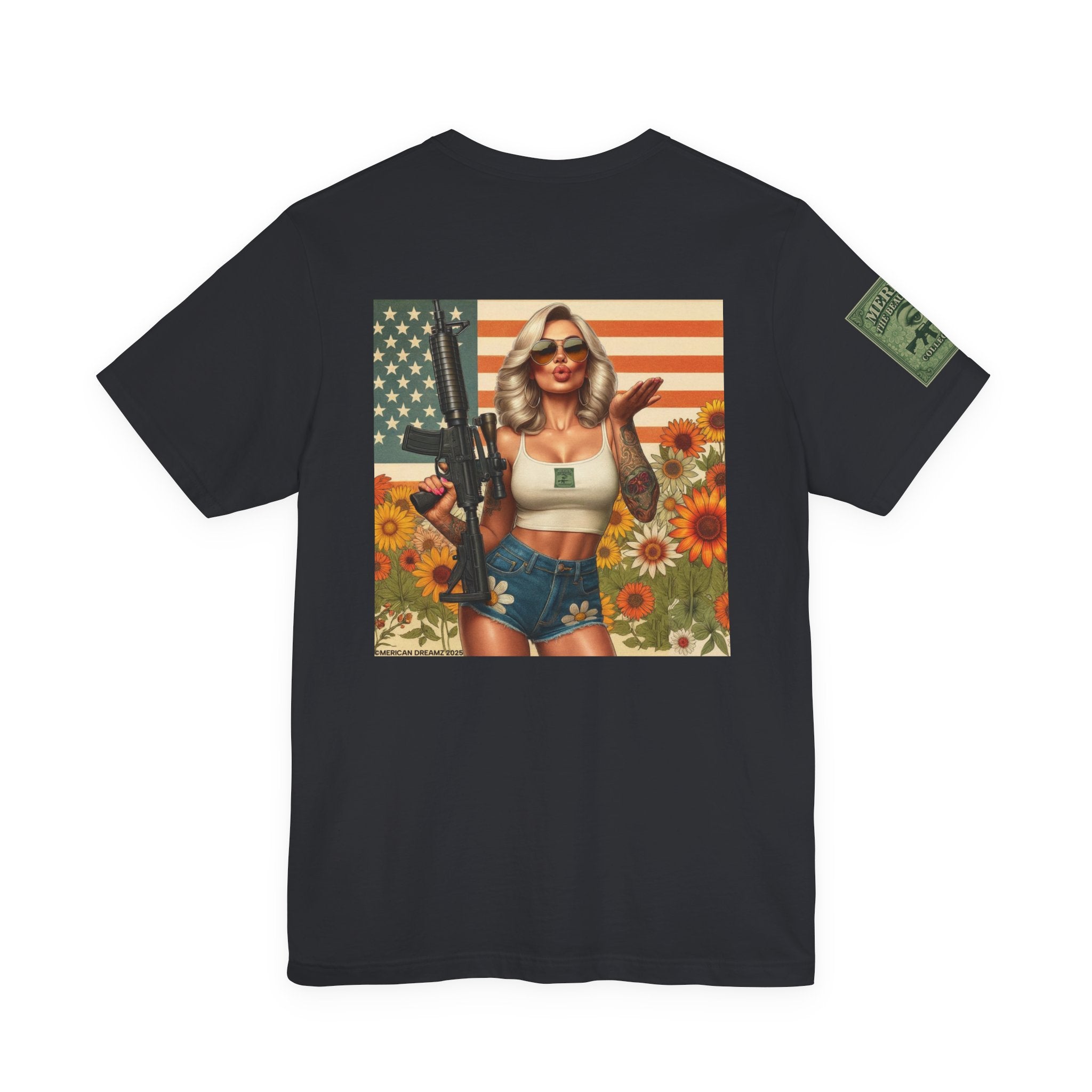 Graphic Short Sleeve Tee front and back — Retro Americana Pin-Up Girls with AR-15 Rifles