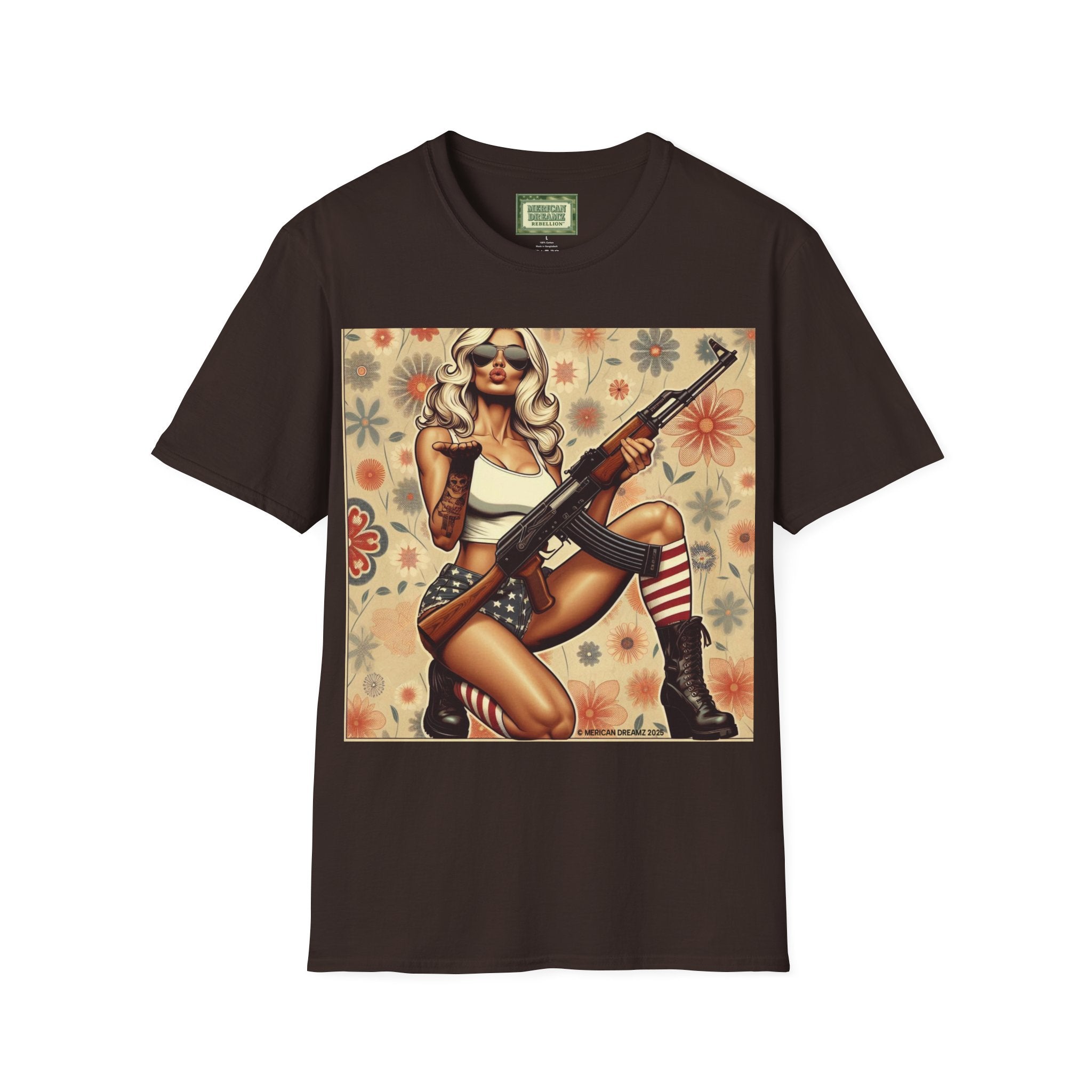 Graphic T-Shirt — Patriotic Pinup Girl with Rifle Vintage Flag Design (US Only)