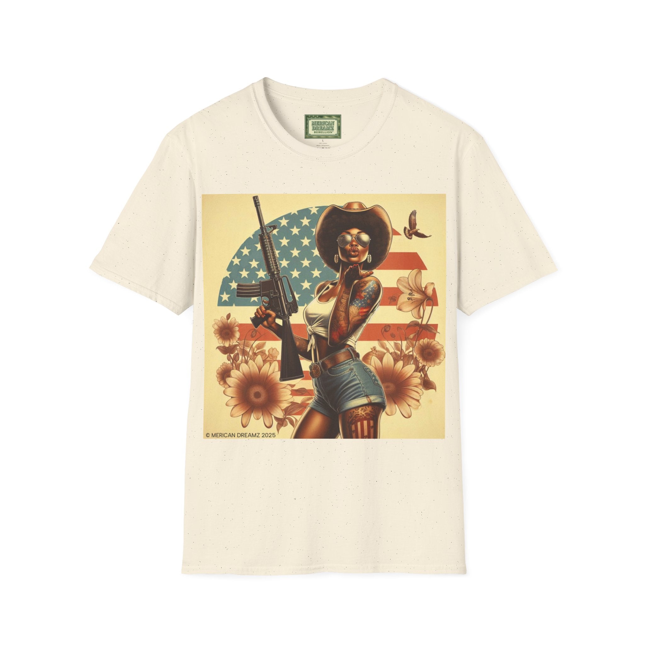 Pin-Up Americana T-Shirt — Retro Floral Gun Cowgirl Vintage Style (US Only)