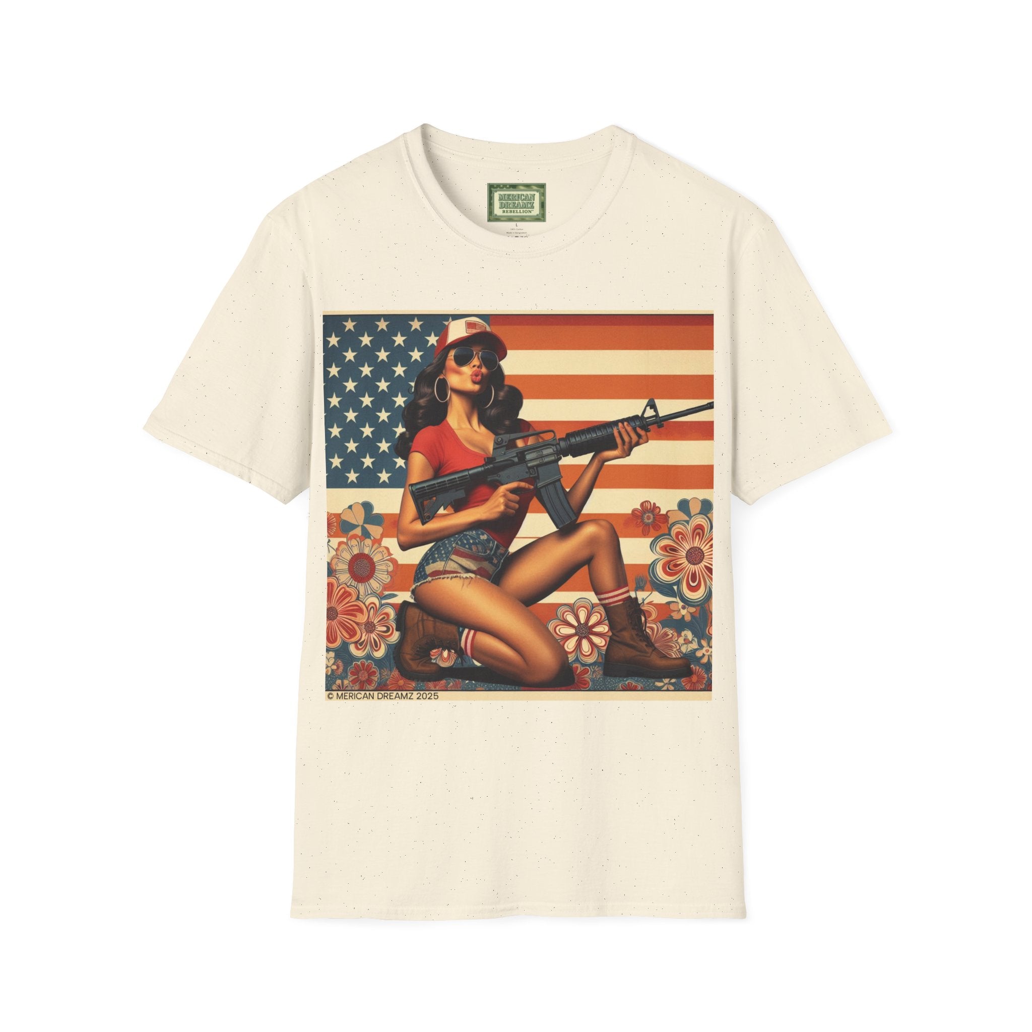 Graphic T-Shirt — Patriotic Pinup Girl with Rifle Vintage Flag Design (US Only)
