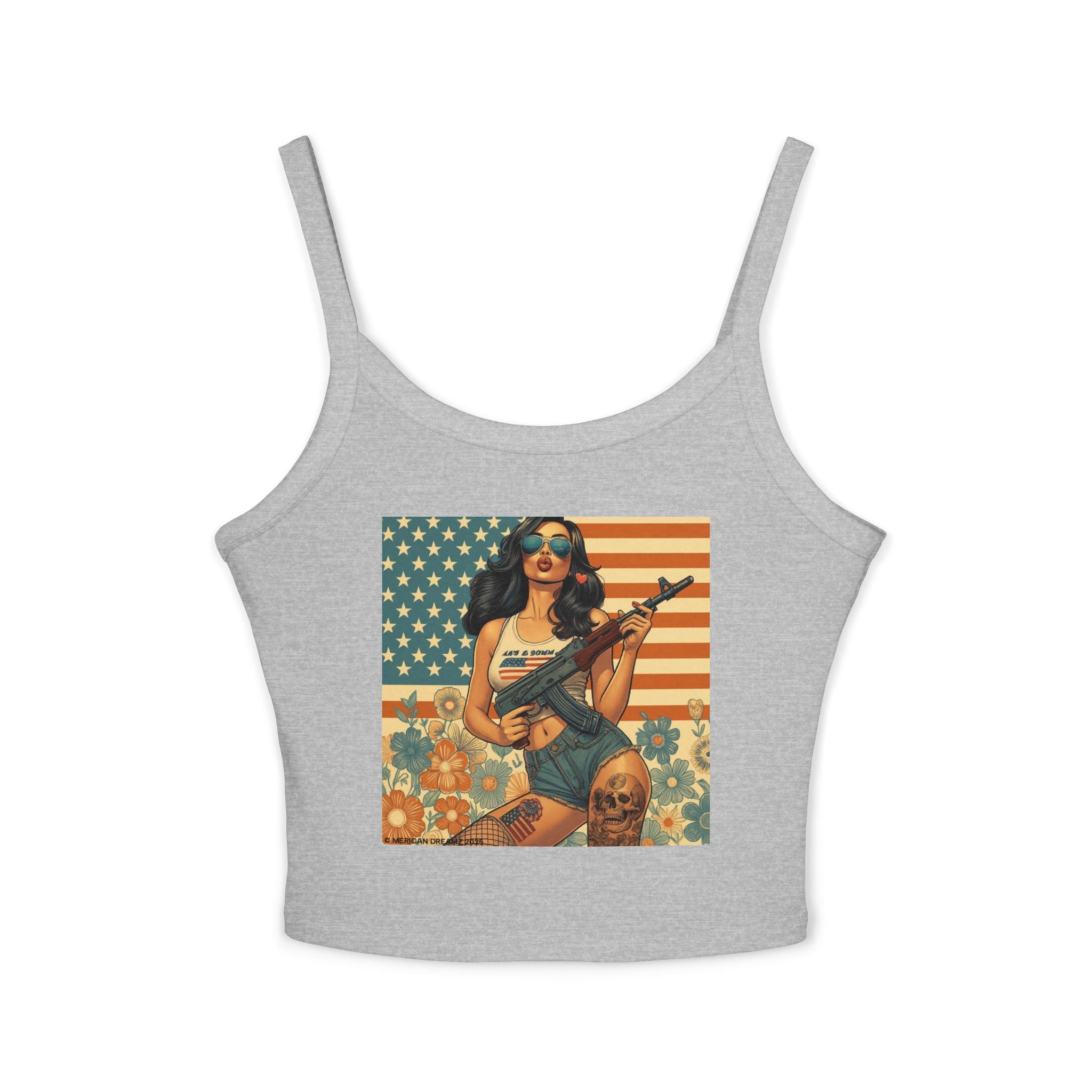 Retro Pinup Girl Tank Top — Vintage Flag & Floral Spaghetti Strap