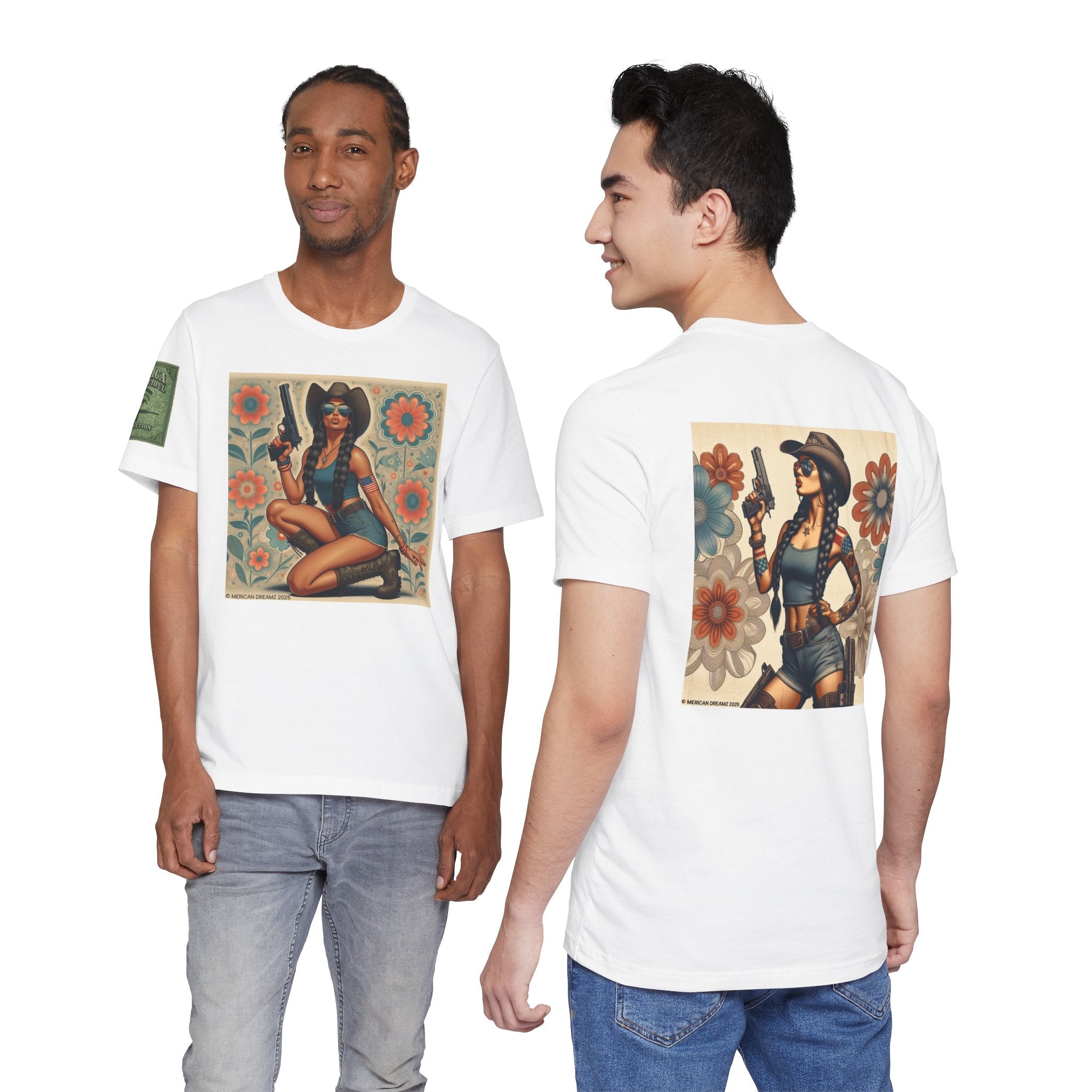 Graphic Short Sleeve Tee front and back — Retro Americana Pin-Up Cowgirls with 9mm Pistols