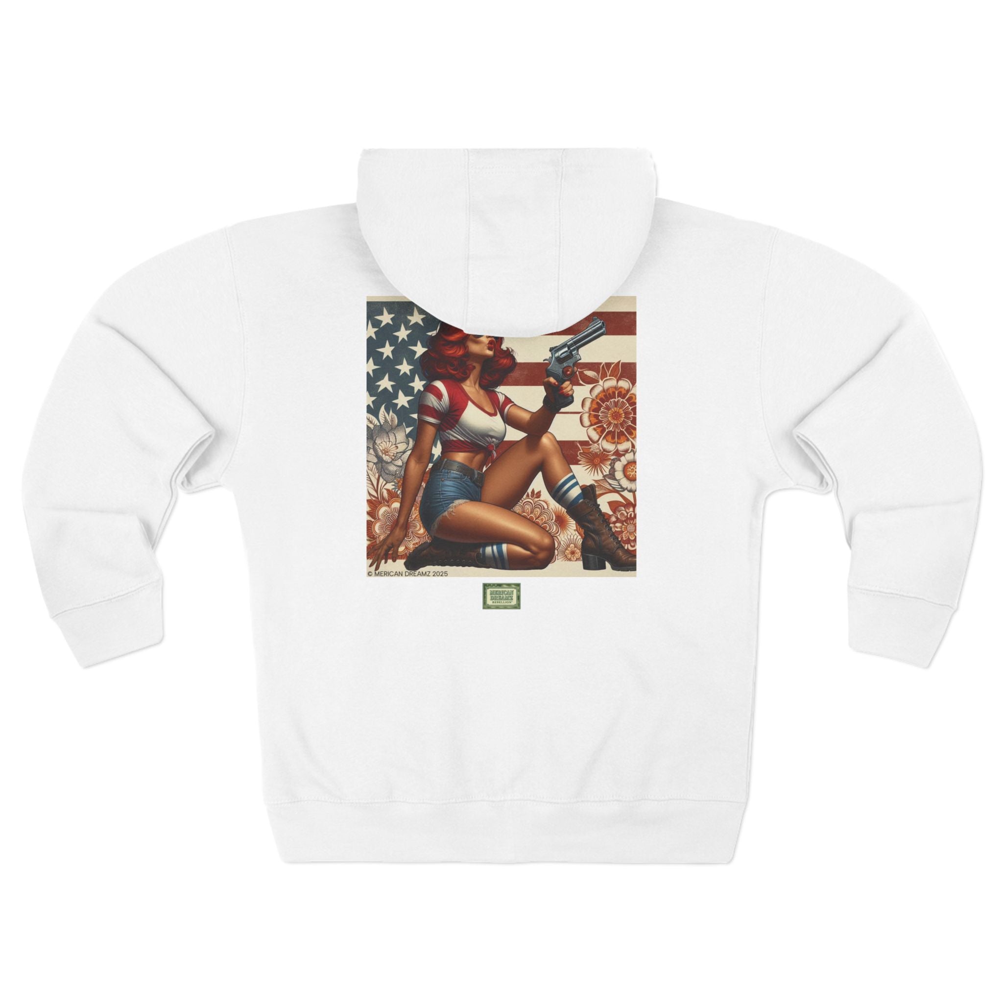 Americana Pinup Cowgirl with 44 Magnum Zip Hoodie — Retro Vintage Patriotic Graphic