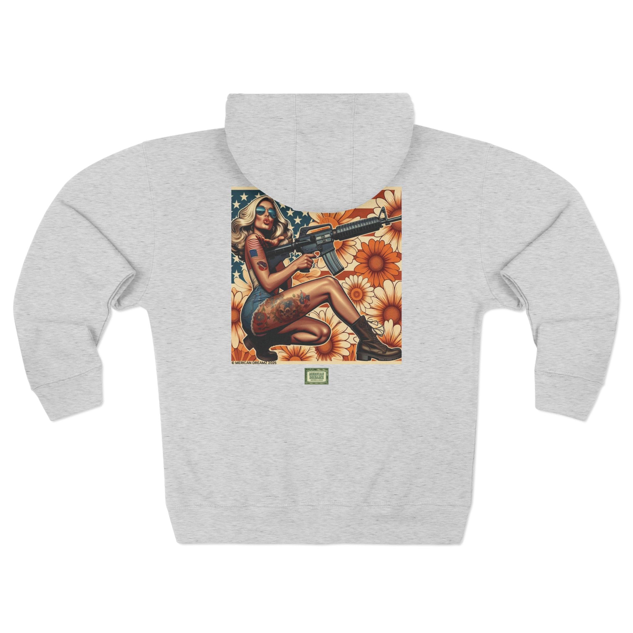 Americana Pinup Cowgirl with AR-15 Zip Hoodie — Retro Vintage Patriotic Graphic