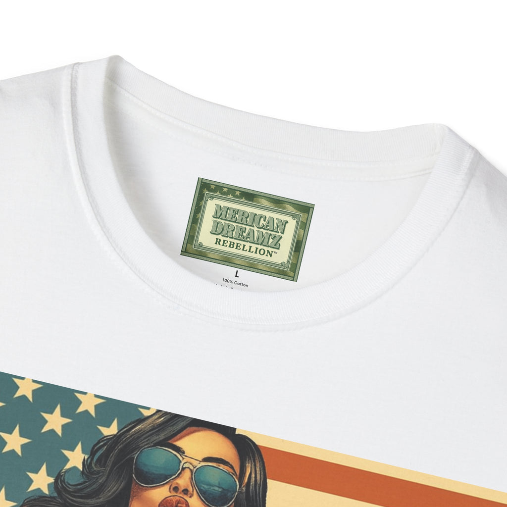 Graphic T-Shirt — Patriotic Pinup Girl with Rifle Vintage Flag Design (US Only)