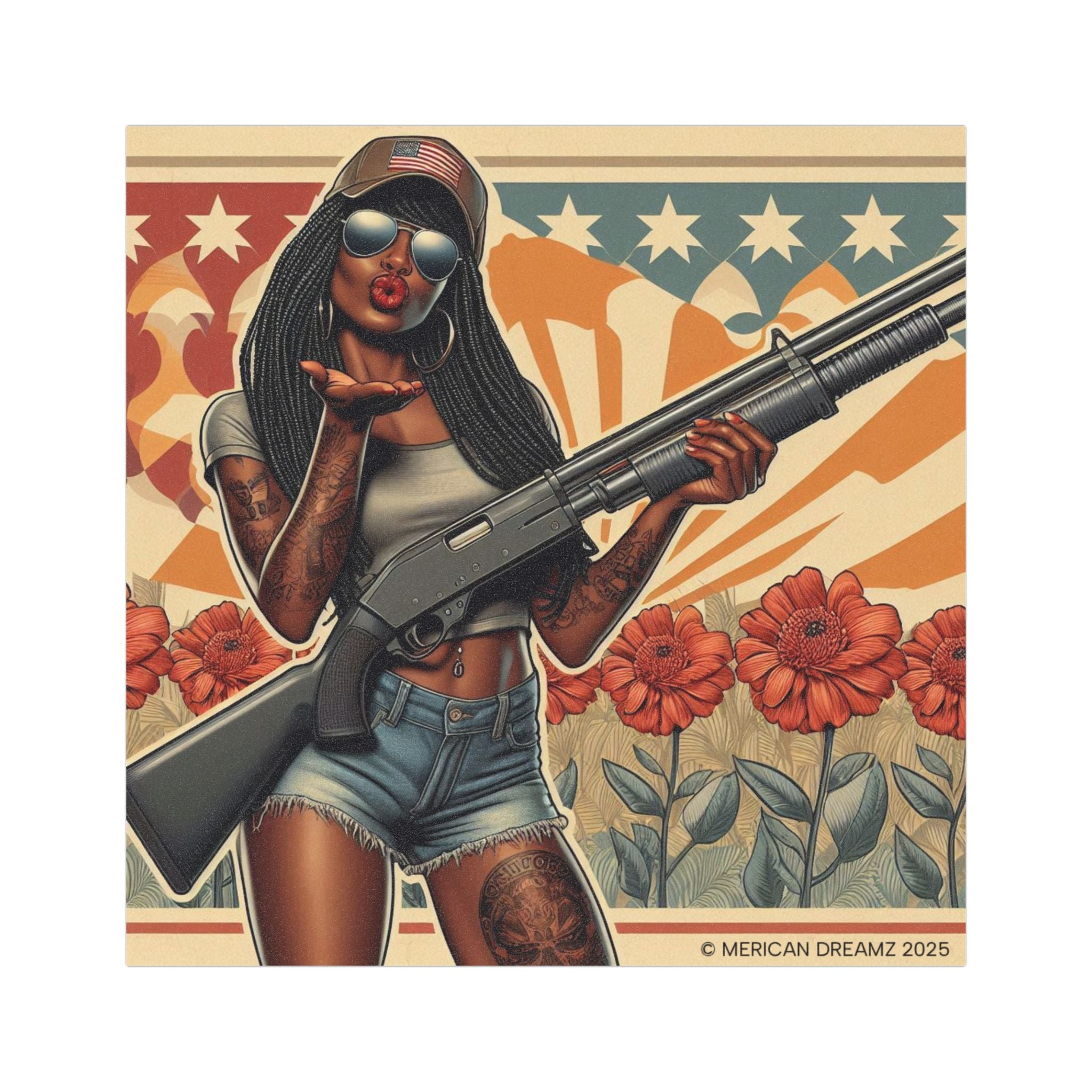 Car Magnet Patriotic Americana Cowgirl with Shotgun | Square American Flag Vintage Floral