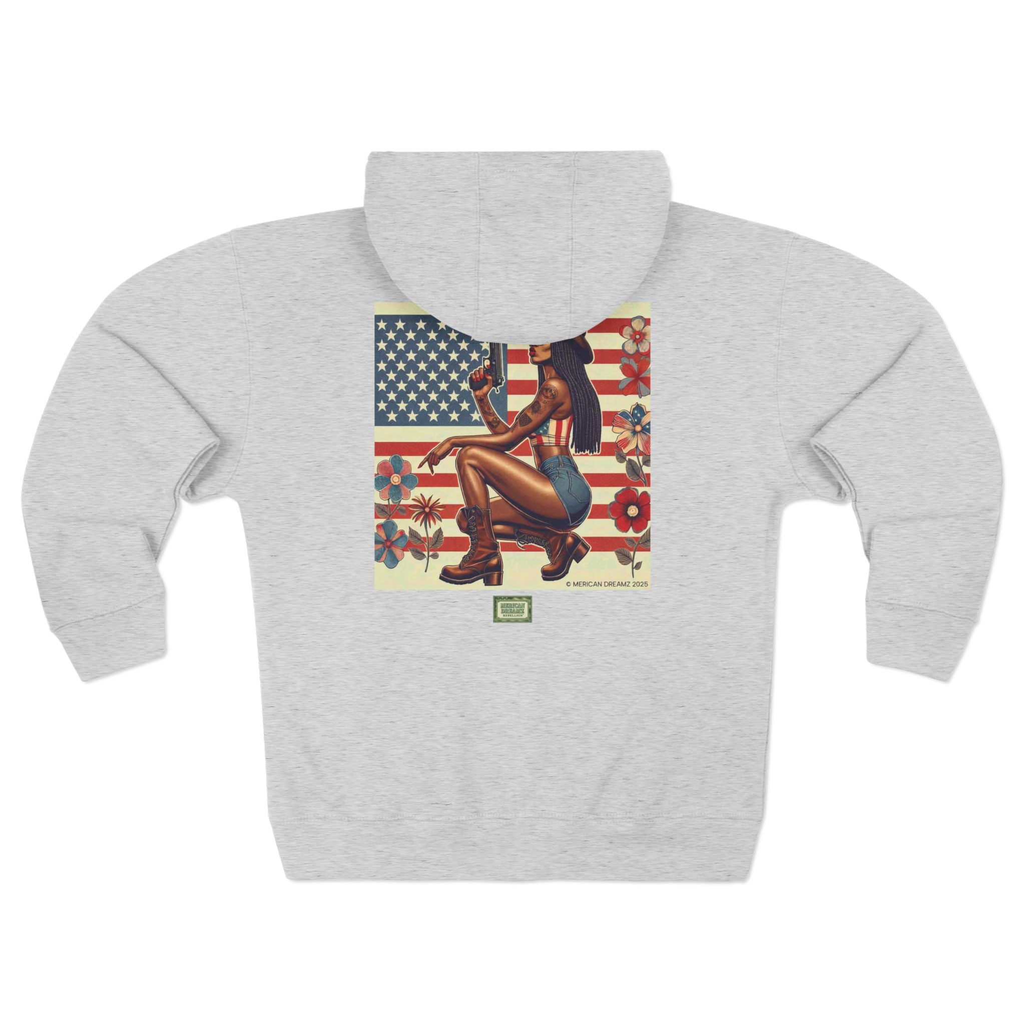 Americana Pinup Cowgirl with 9mm Zip Hoodie — Retro Vintage Patriotic Graphic