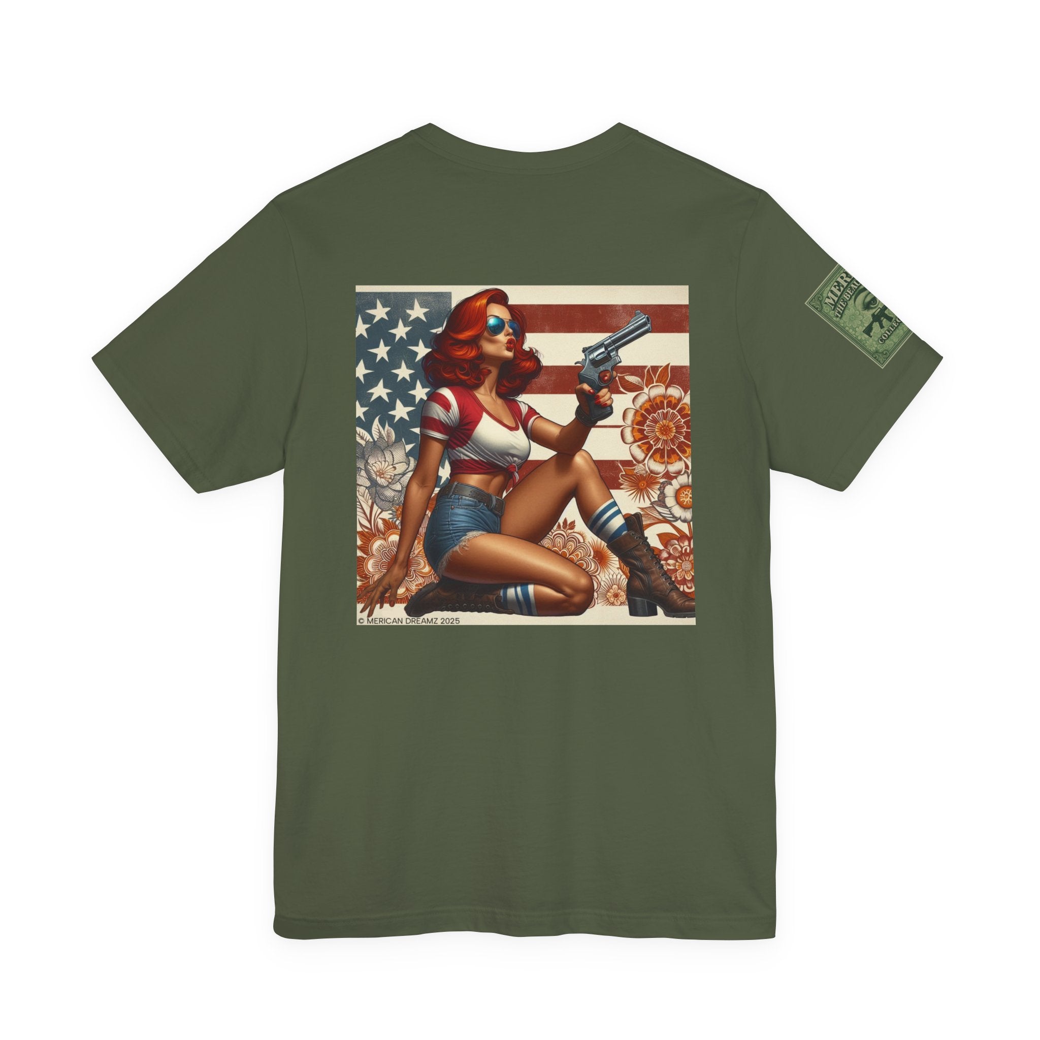 Graphic Short Sleeve Tee front and back — Retro Americana Pin-Up Cowgirls with .44 Magnum Revolvers