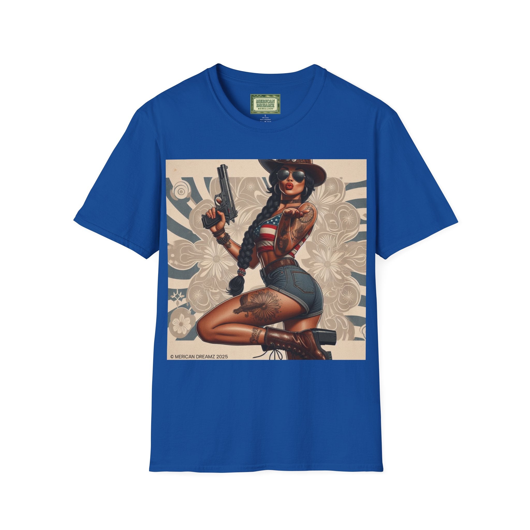 Pin-Up Americana T-Shirt — Retro Floral Gun Cowgirl Vintage Style (US Only)