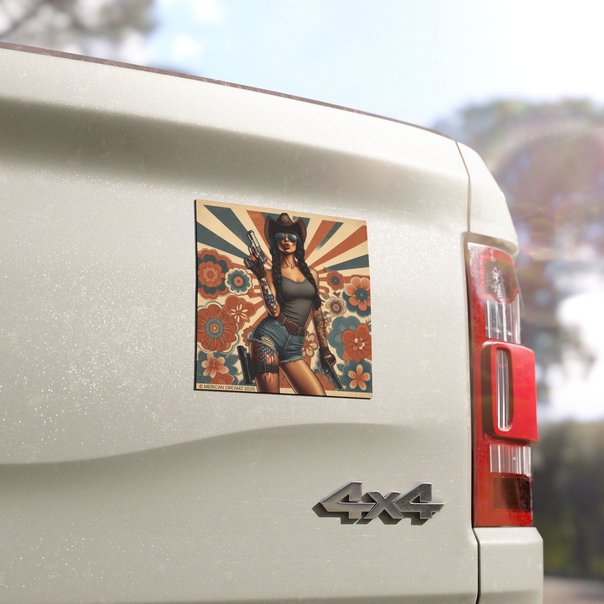 Car Magnet Americana Cowgirl with Pistols | Square Vintage Floral