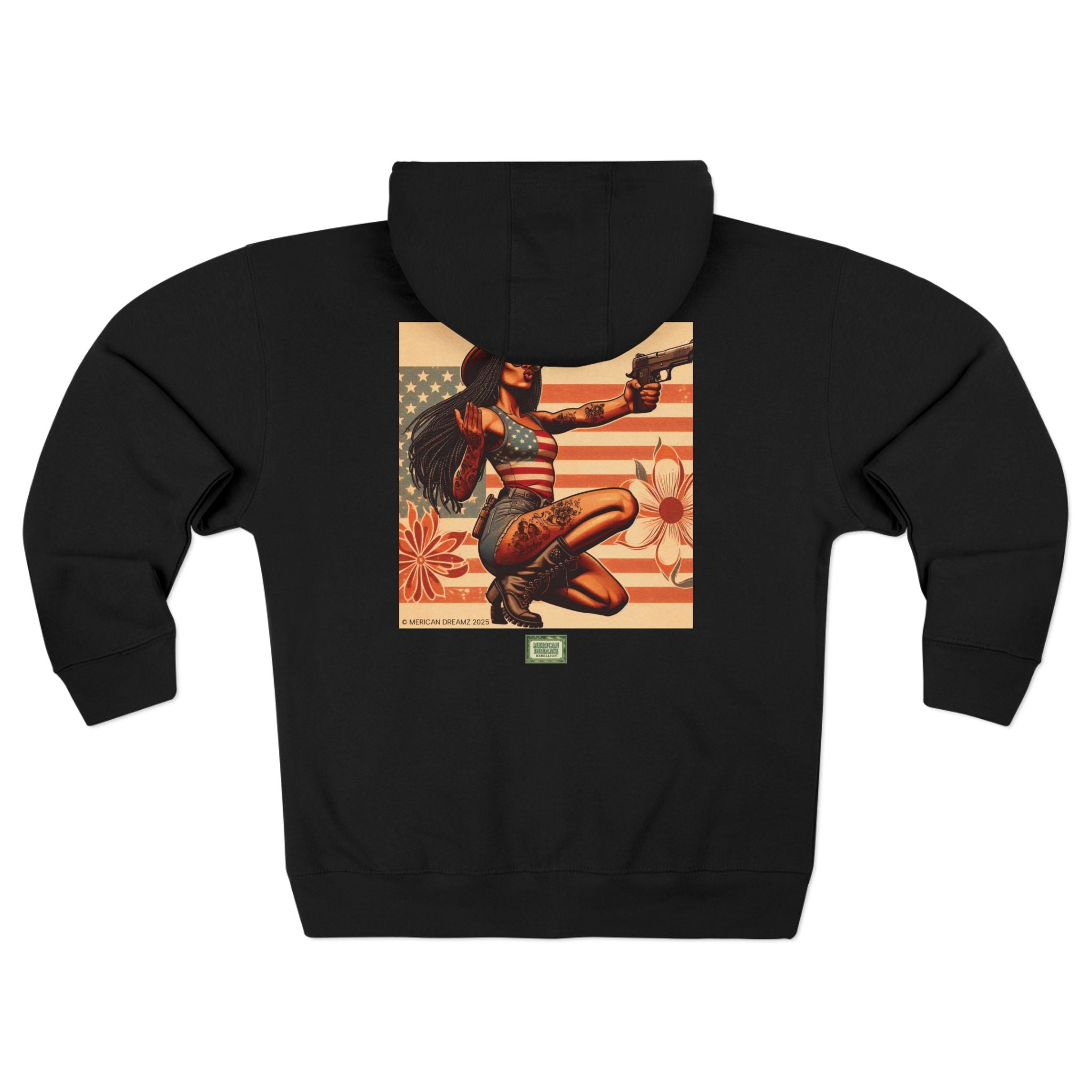Americana Pinup Cowgirl with 9mm Zip Hoodie — Retro Vintage Patriotic Graphic