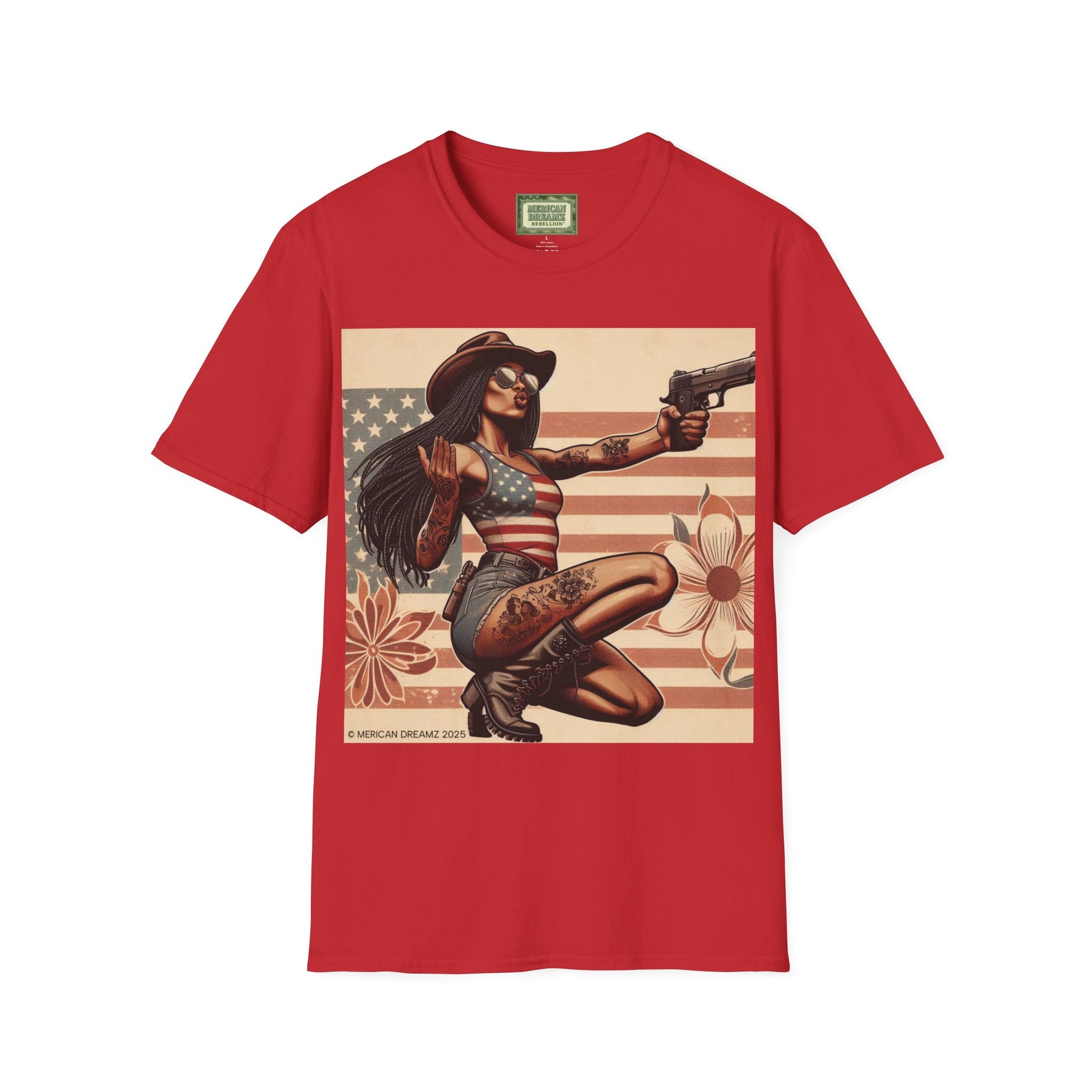 Pin-Up Americana T-Shirt — Retro Floral Gun Cowgirl Vintage Style (US Only)