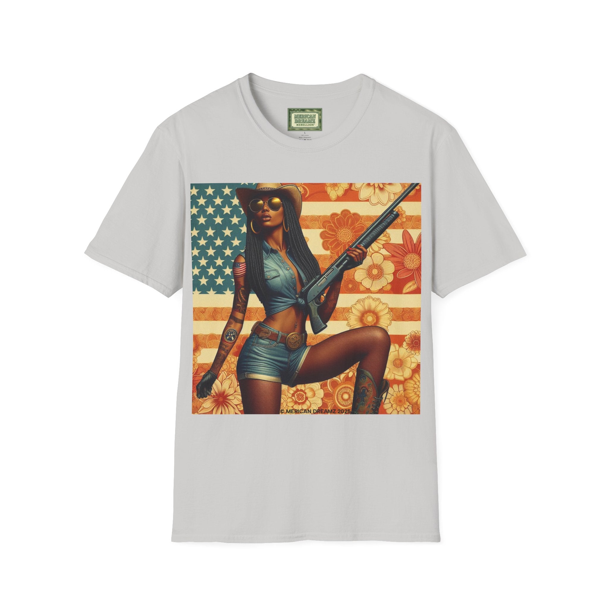 Pin-Up Americana T-Shirt — Retro Floral Gun Cowgirl Vintage Style (US Only)