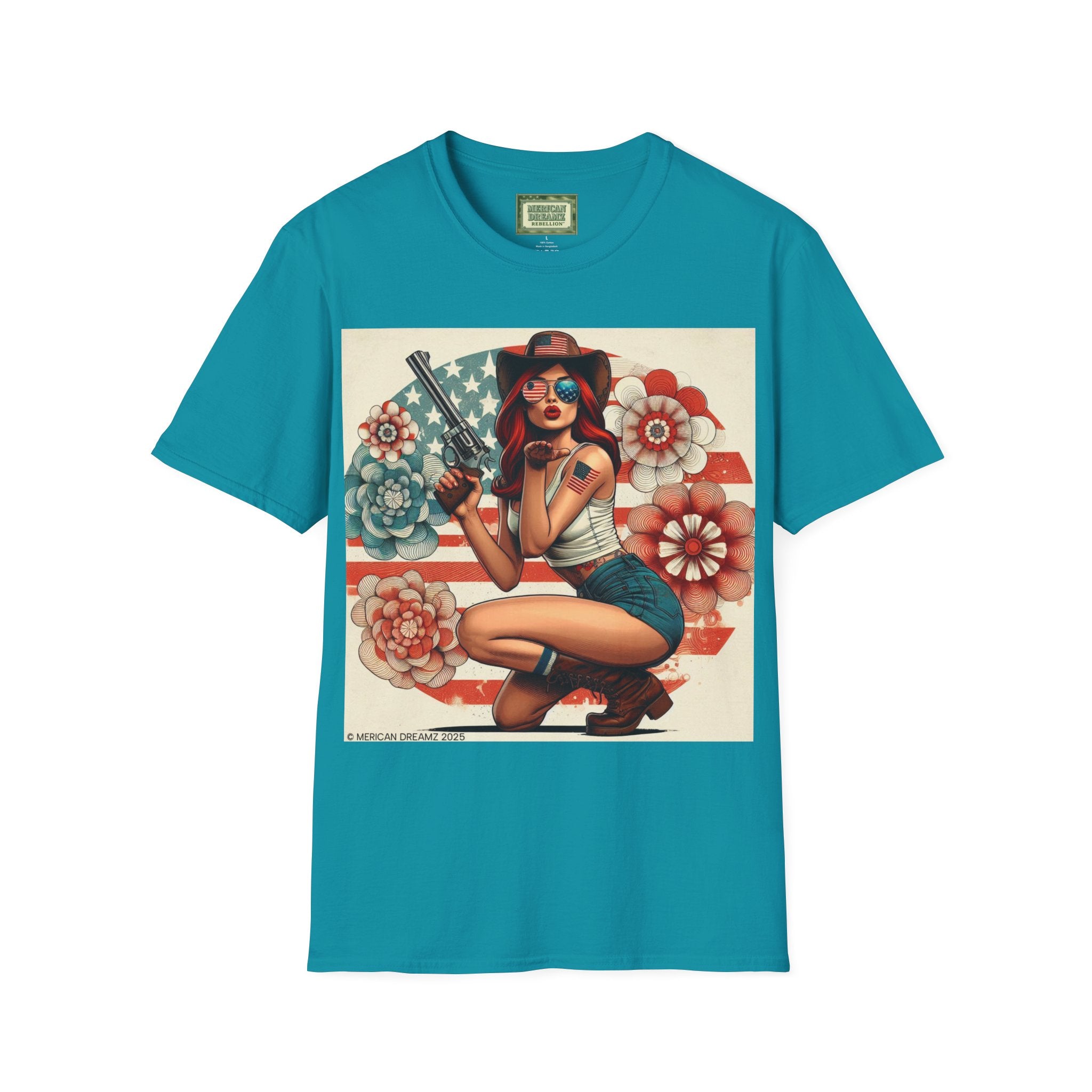 Pin-Up Americana T-Shirt — Retro Floral Gun Cowgirl Vintage Style (US Only)