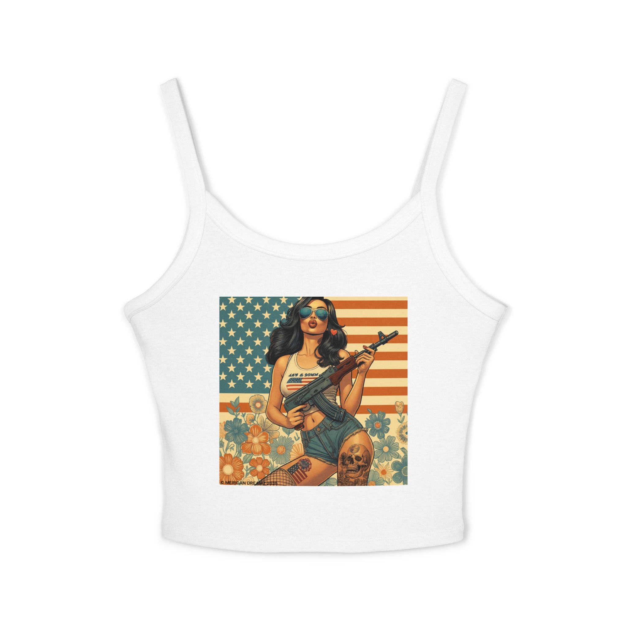 Retro Pinup Girl Tank Top — Vintage Flag & Floral Spaghetti Strap