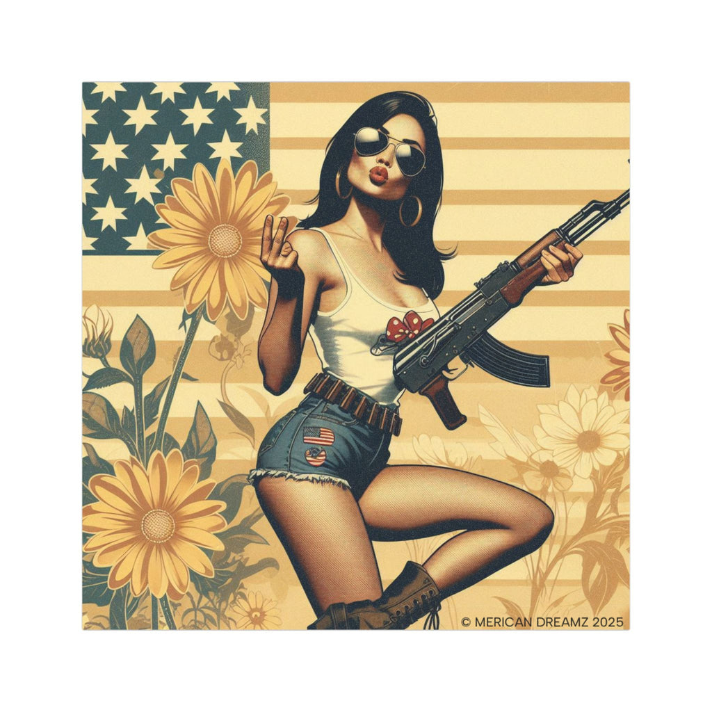 Car Magnet Americana Pinup girl with Rifle | Square Vintage Floral