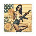 Car Magnet Americana Pinup girl with Rifle | Square Vintage Floral