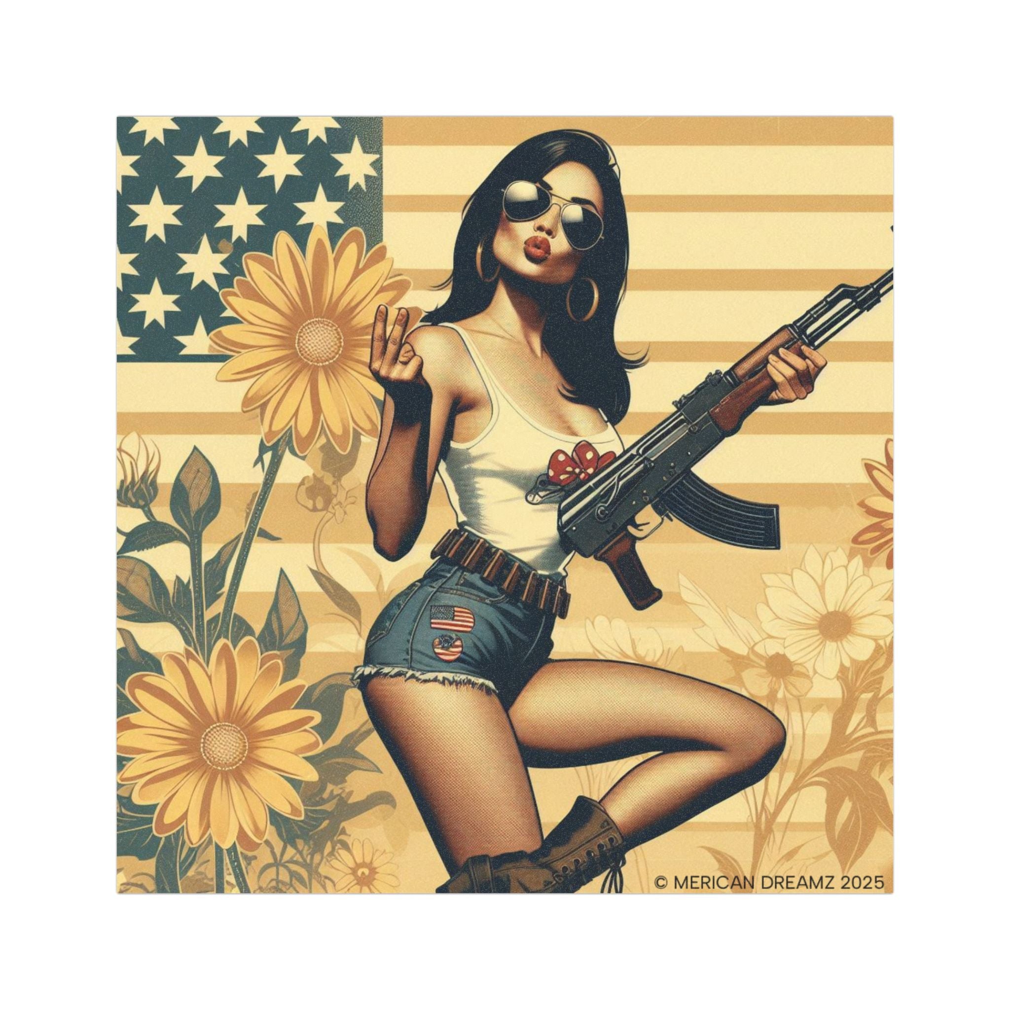 Car Magnet Americana Pinup girl with Rifle | Square Vintage Floral