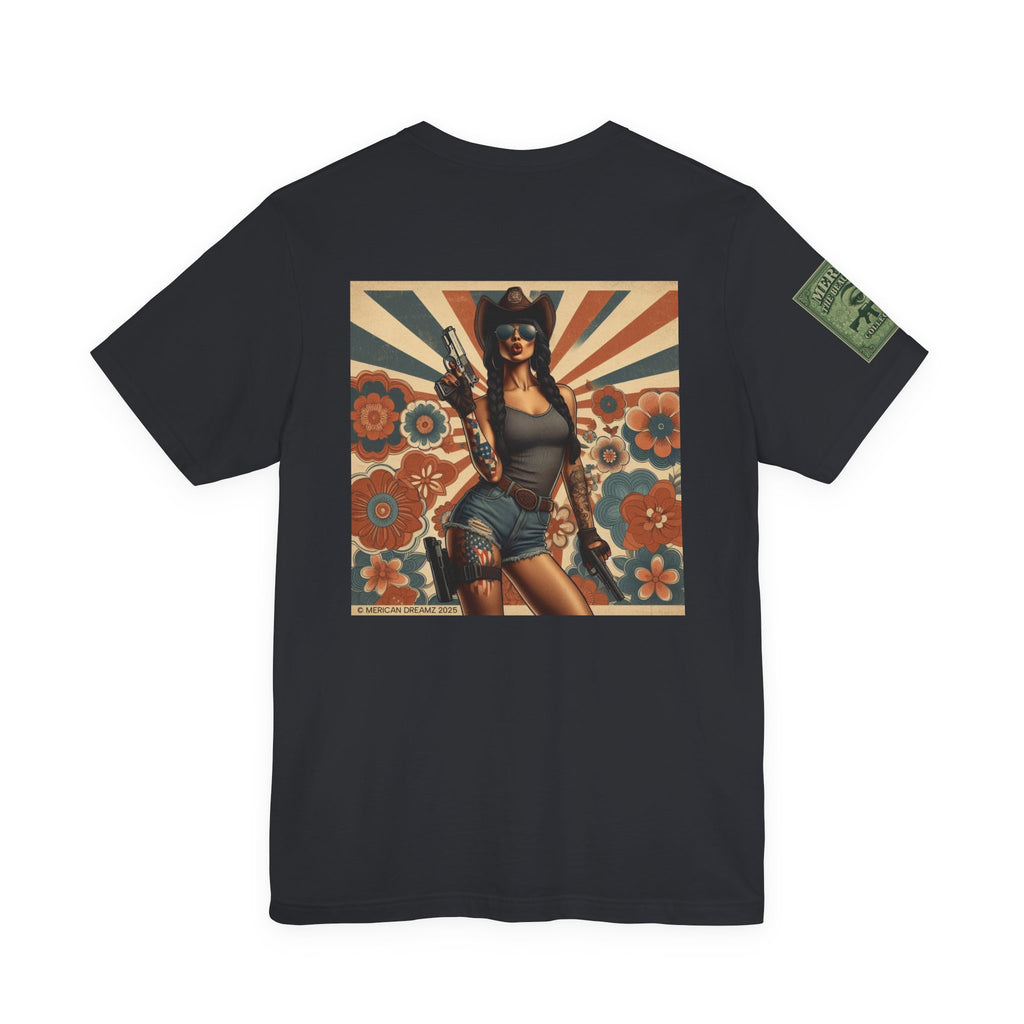 Graphic Short Sleeve Tee front and back — Retro Americana Pin-Up Cowgirls with 9mm Pistols