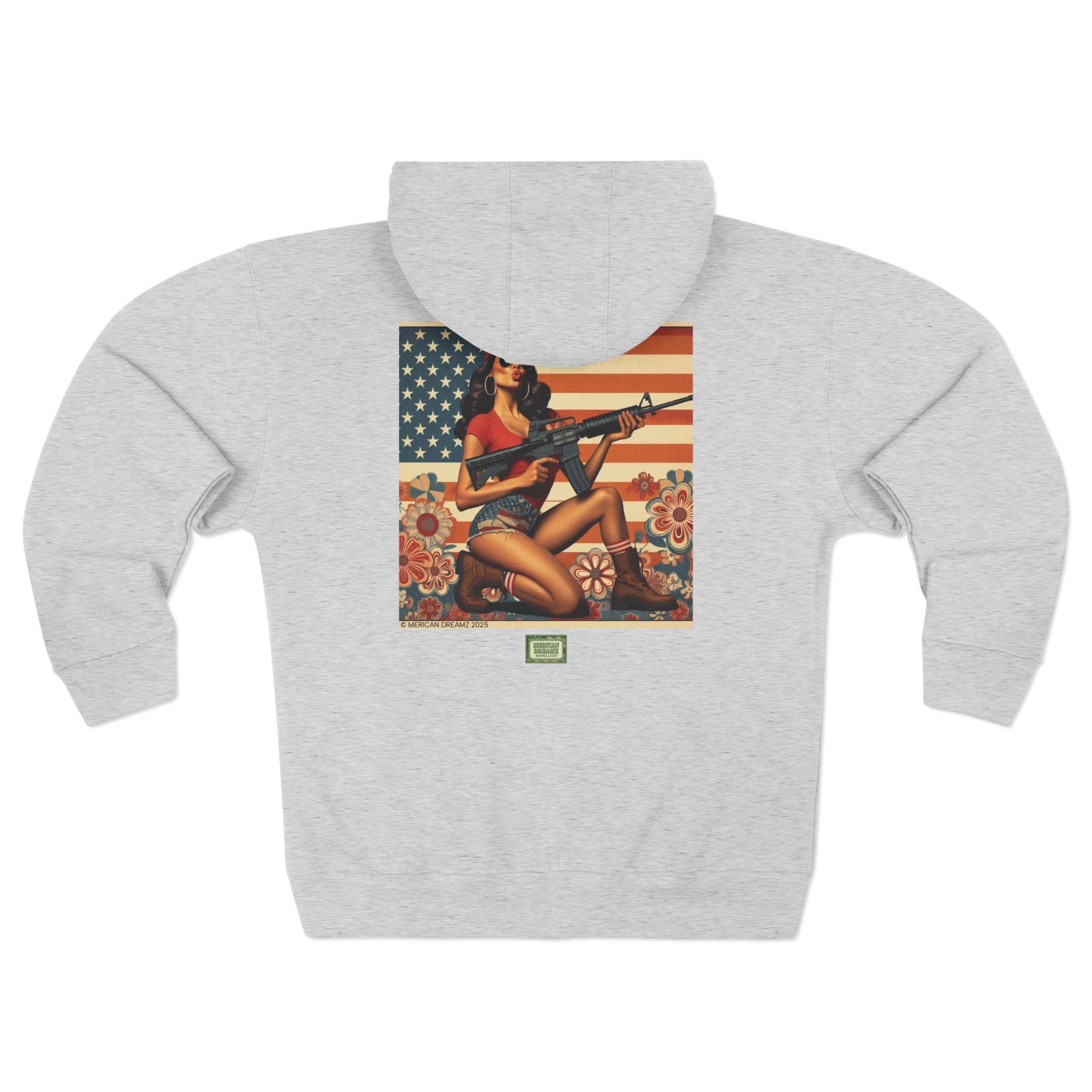 Americana Pinup girl with AR-15 Zip Hoodie — Retro Vintage Patriotic Graphic