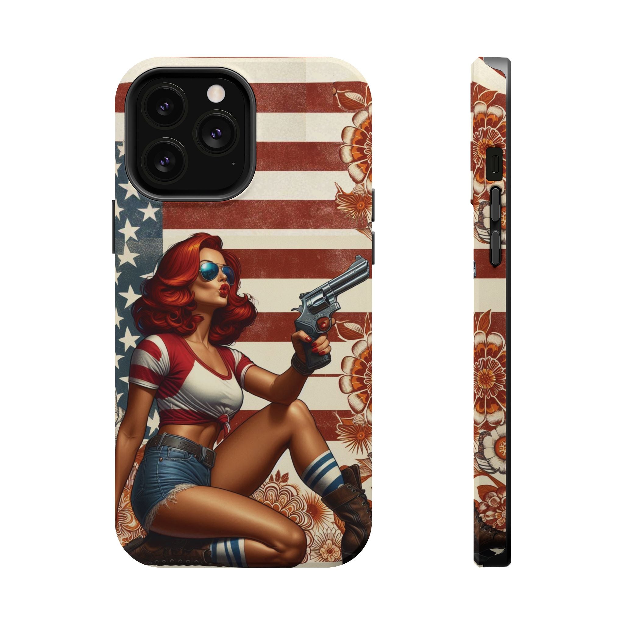 Americana .44 Magnum Pinup Girl - Magnetic Impact‑Resistant Phone Case  iPhone 13-17 / Samsung S26  MagSafe Compatible