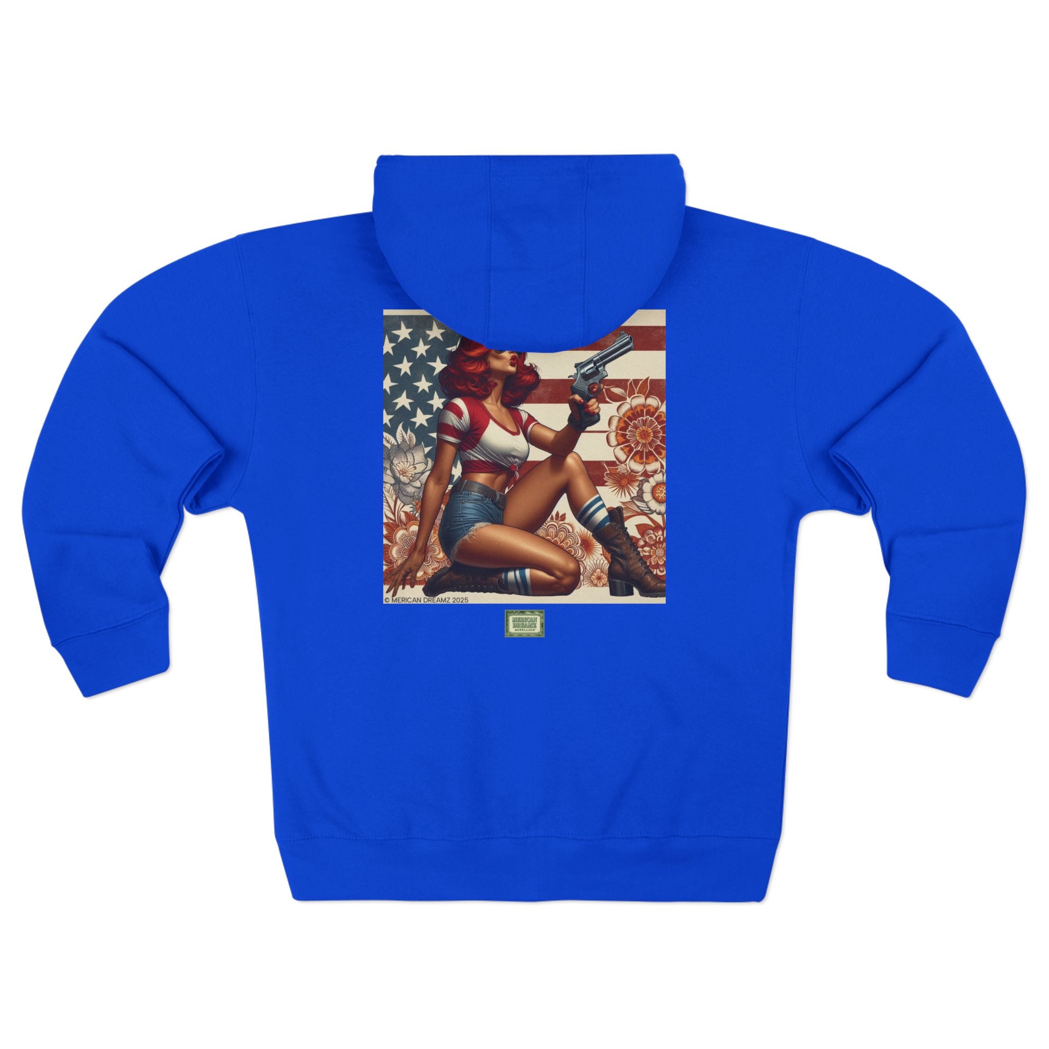 Americana Pinup Cowgirl with 44 Magnum Zip Hoodie — Retro Vintage Patriotic Graphic