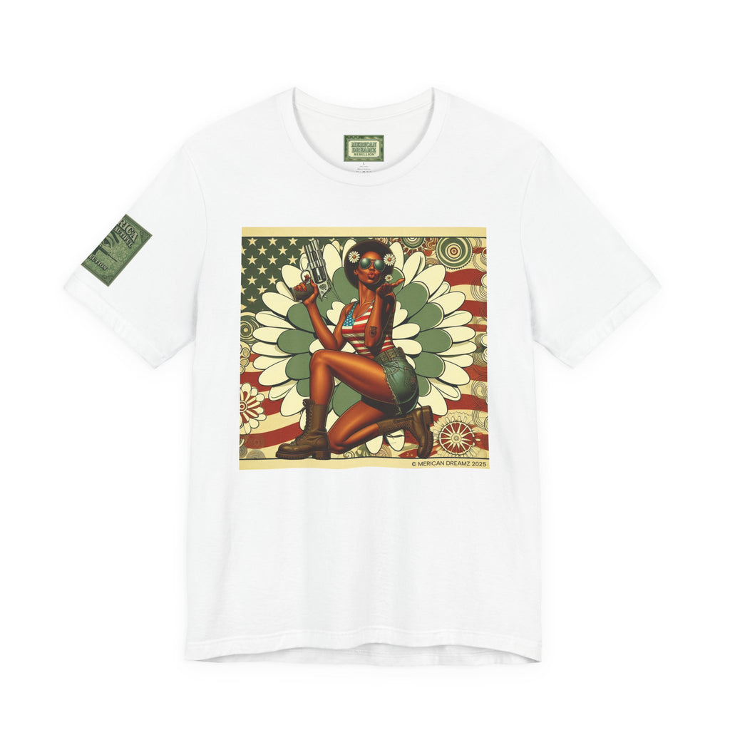 Graphic Short Sleeve Tee front and back — Retro Americana Pin-Up Cowgirls with .44 Magnum and AR-15