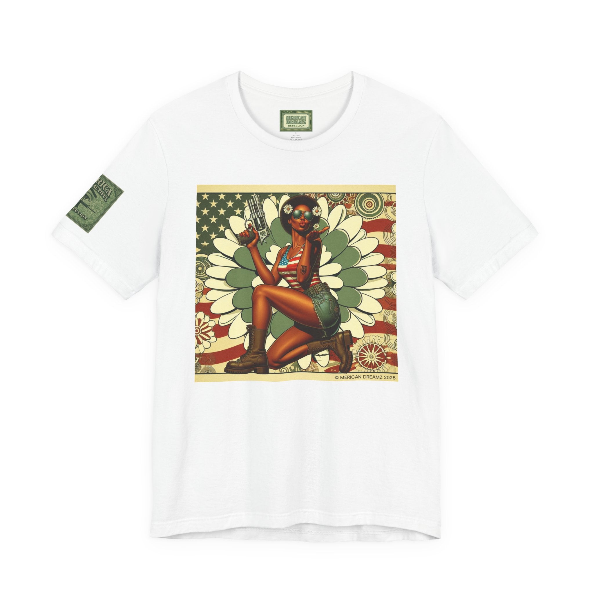 Graphic Short Sleeve Tee front and back — Retro Americana Pin-Up Cowgirls with .44 Magnum and AR-15