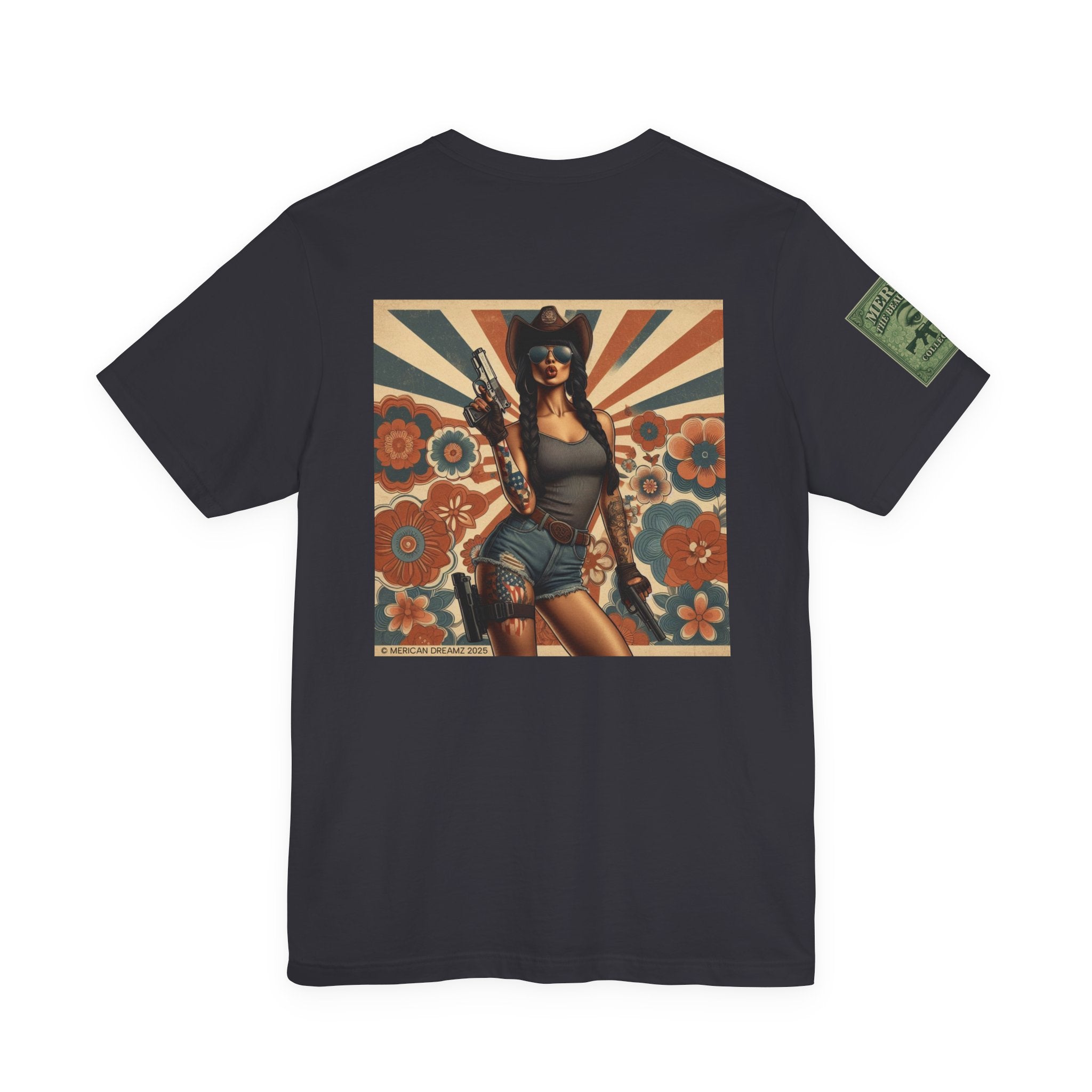Graphic Short Sleeve Tee front and back — Retro Americana Pin-Up Cowgirls with 9mm Pistols