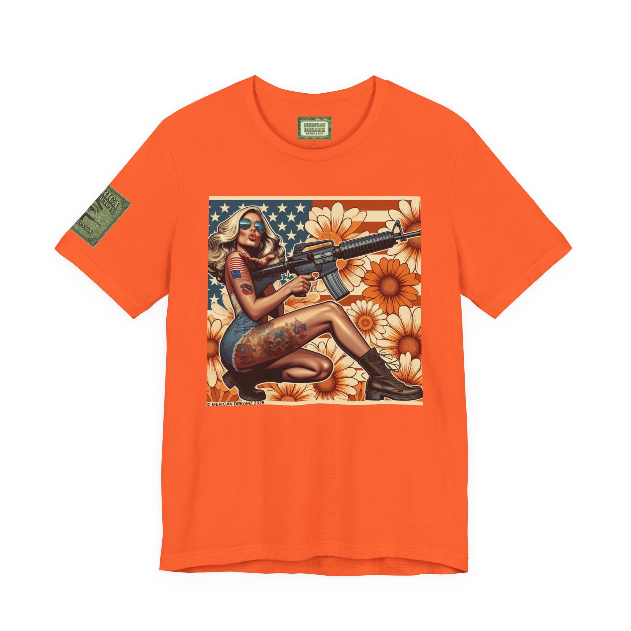 Graphic Short Sleeve Tee front and back — Retro Americana Pin-Up Girls with AR-15 Rifles