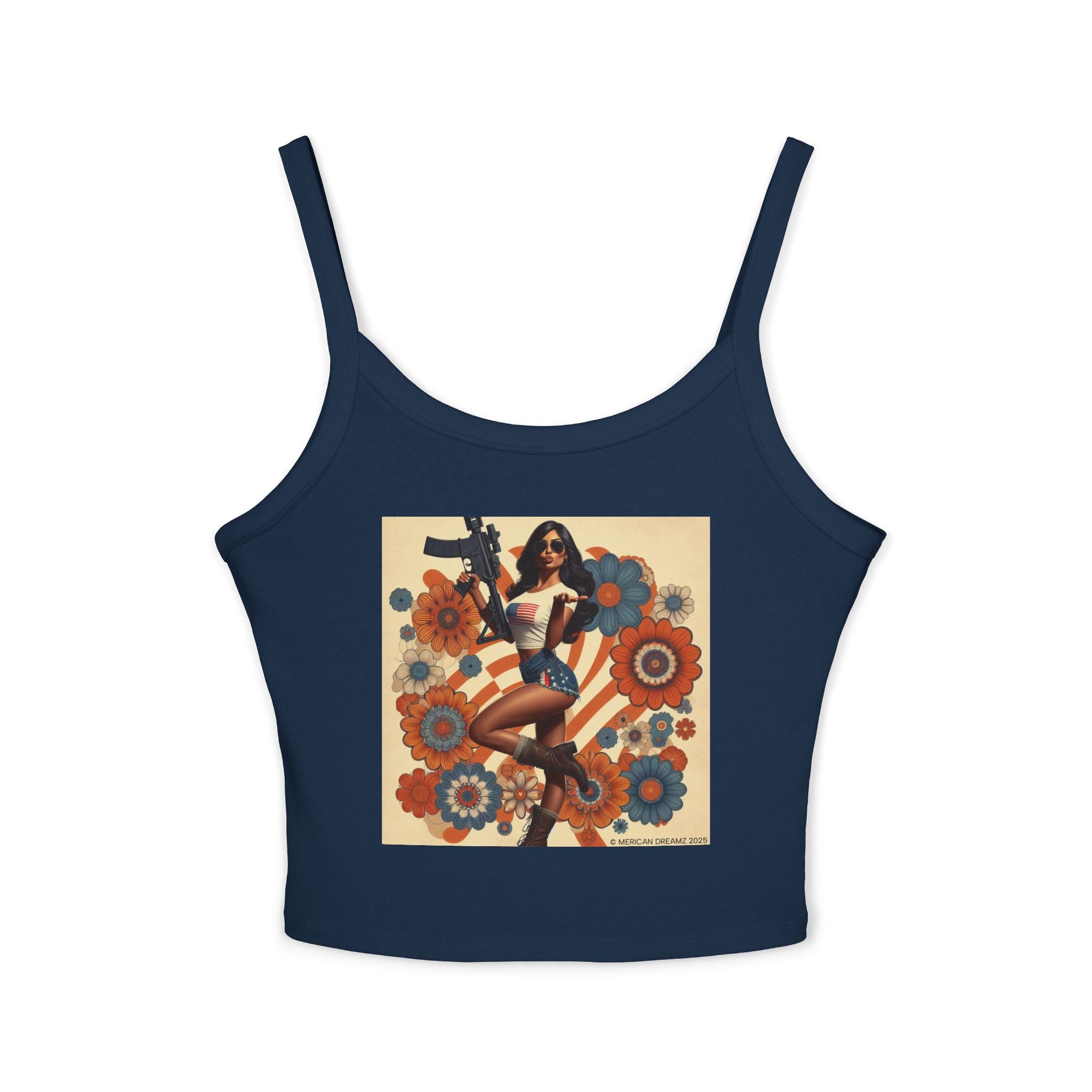 Retro Pinup Girl Tank Top — Vintage Flag & Floral Spaghetti Strap