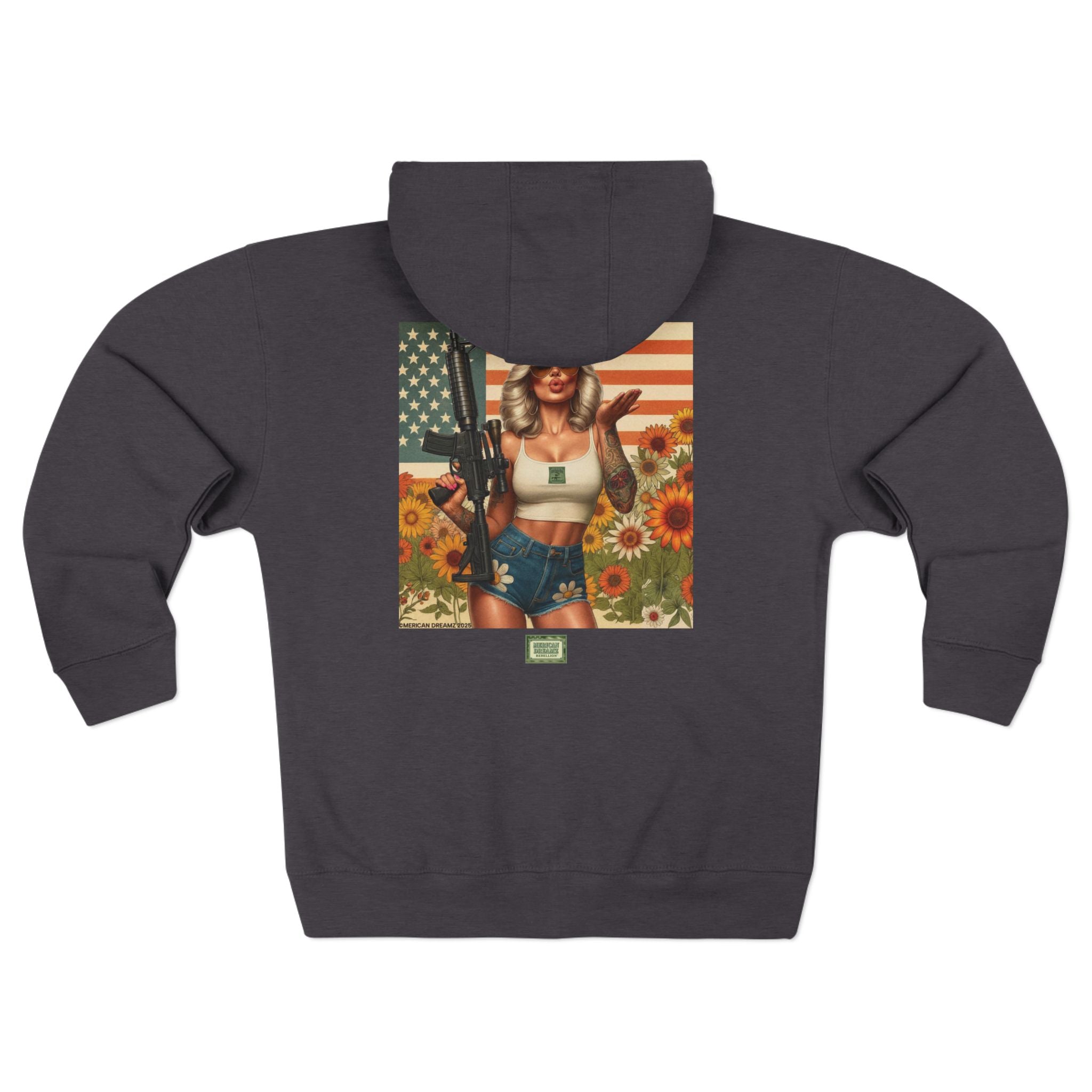 Americana Pinup girl with AR-15 Zip Hoodie — Retro Vintage Patriotic Graphic