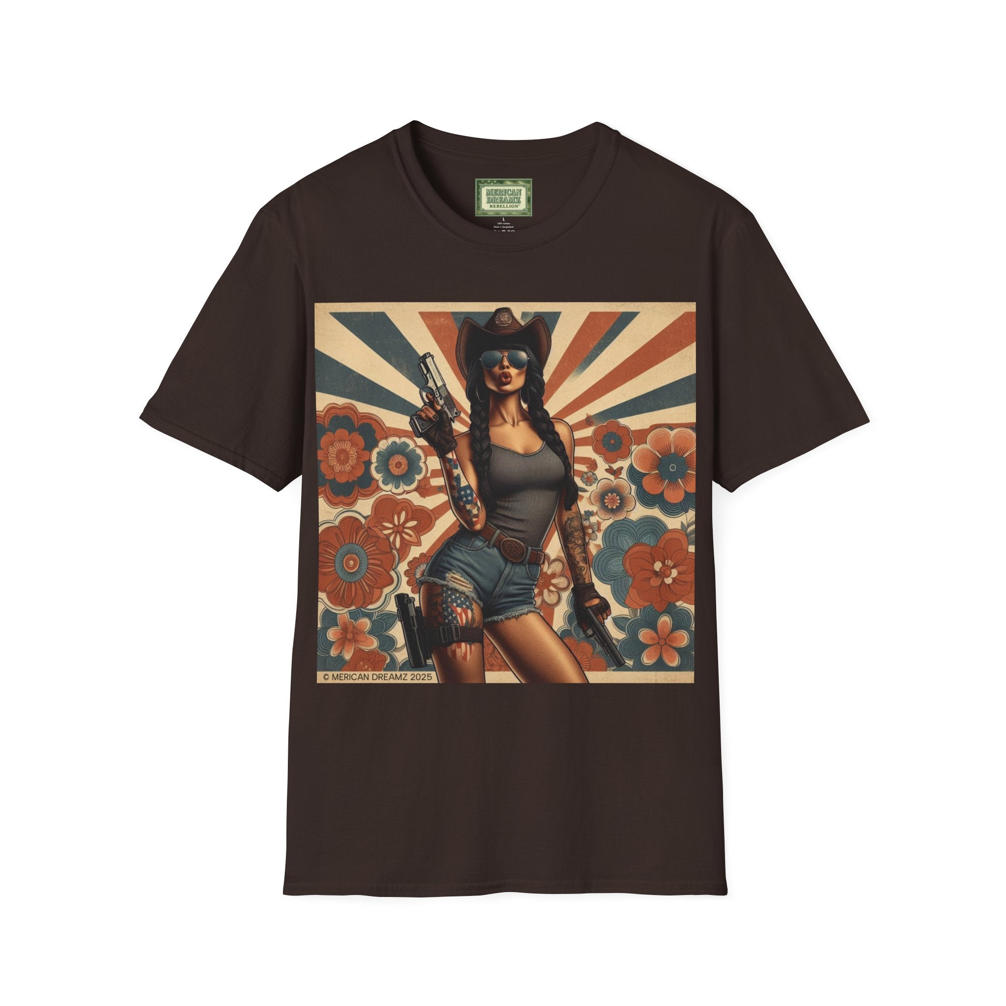 Pin-Up Americana T-Shirt — Retro Floral Gun Cowgirl Vintage Style (US Only)