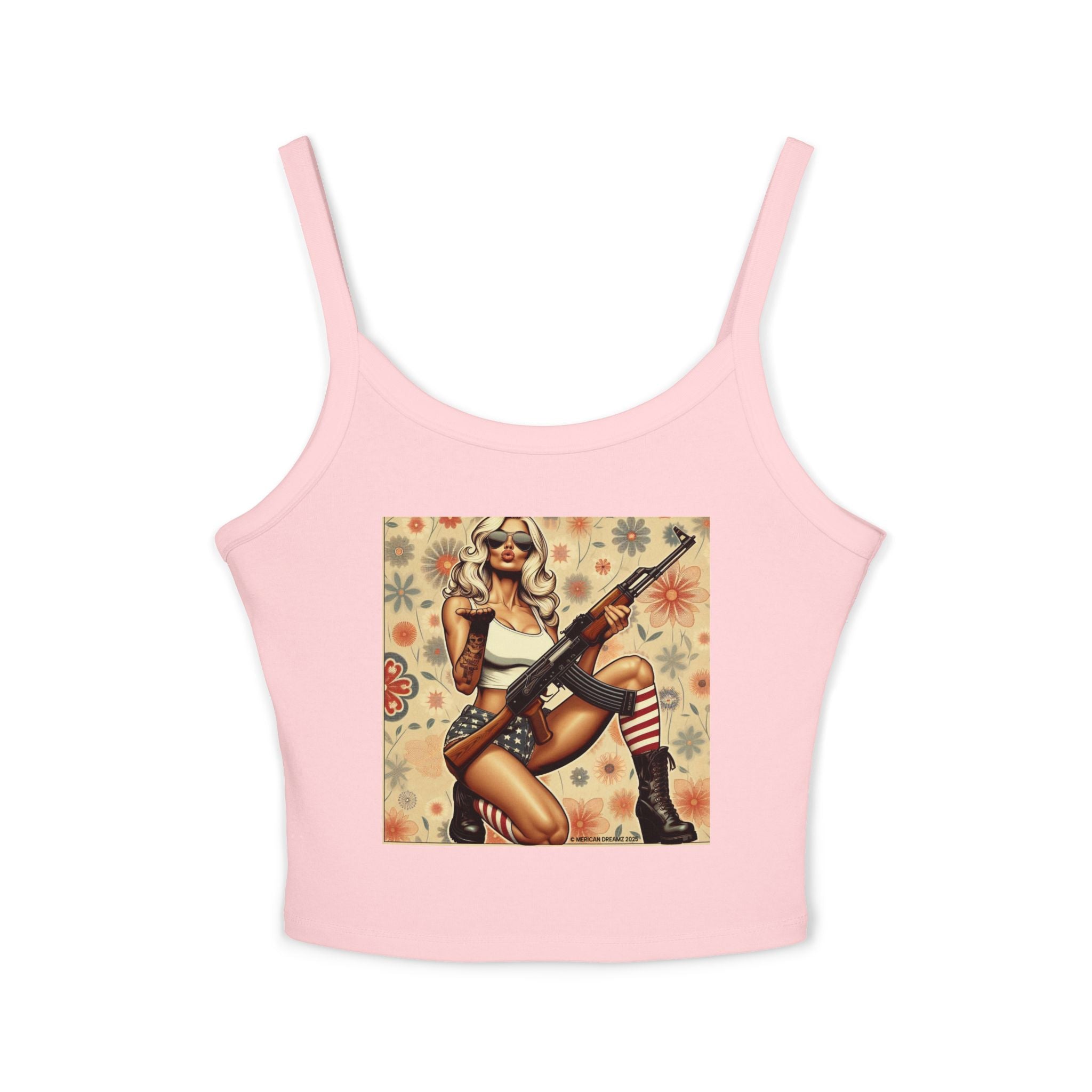 Retro Pinup Girl Tank Top — Vintage Flag & Floral Spaghetti Strap