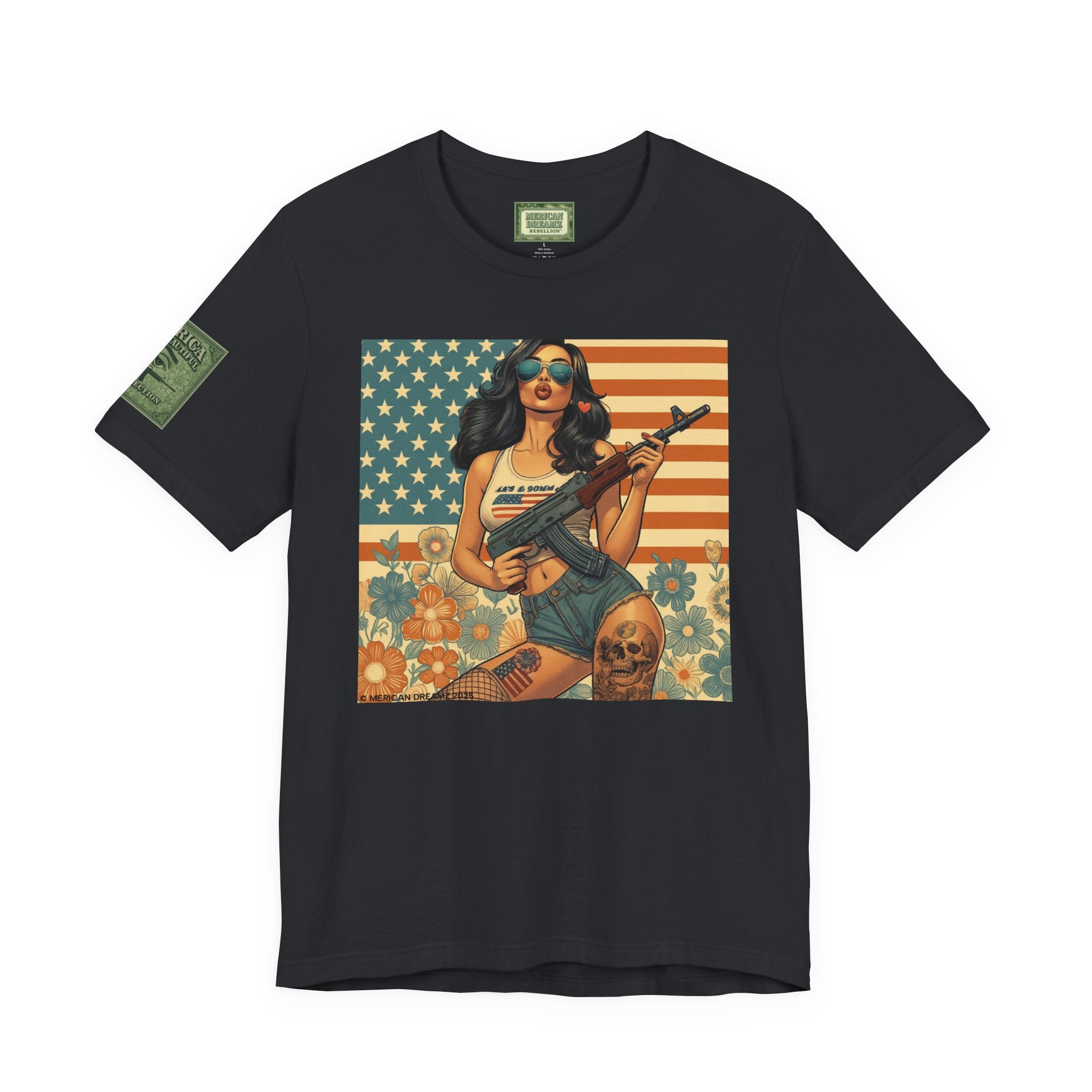 Graphic Short Sleeve Tee front and back — Retro Americana Pin-Up Girls with AK-47 Rifles