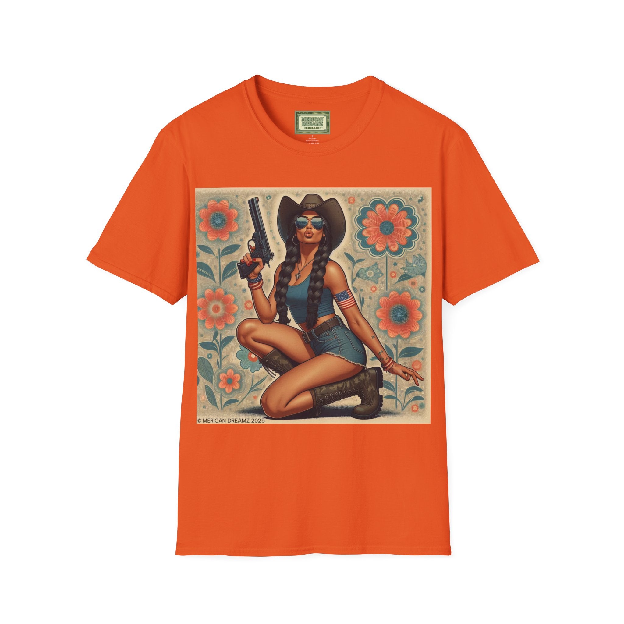 Pin-Up Americana T-Shirt — Retro Floral Gun Cowgirl Vintage Style (US Only)