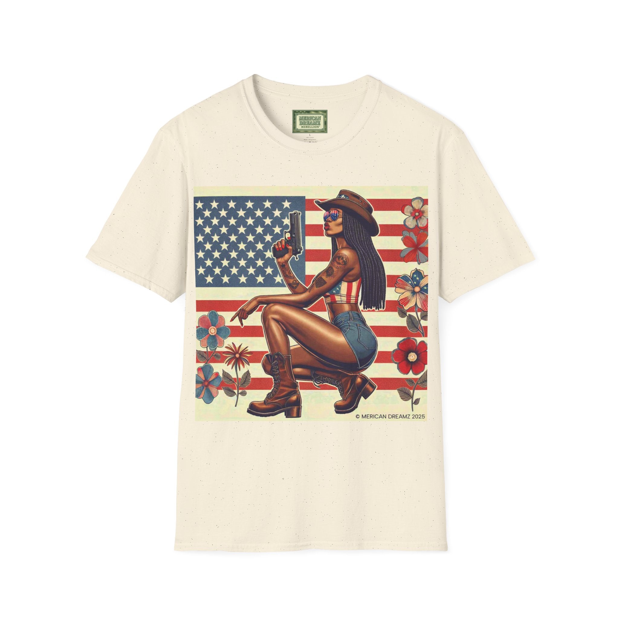 Pin-Up Americana T-Shirt — Retro Floral Gun Cowgirl Vintage Style (US Only)