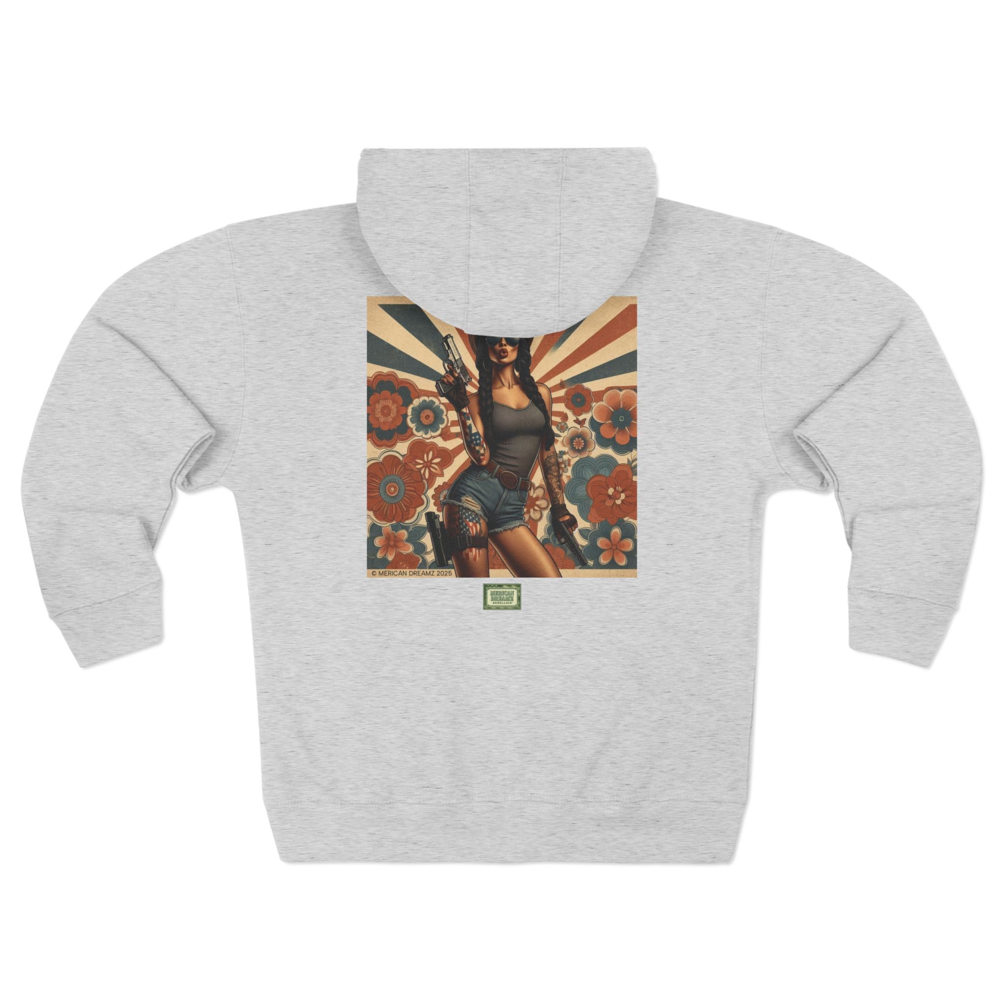Americana Pinup Cowgirl with 9mm Zip Hoodie — Retro Vintage Patriotic Graphic