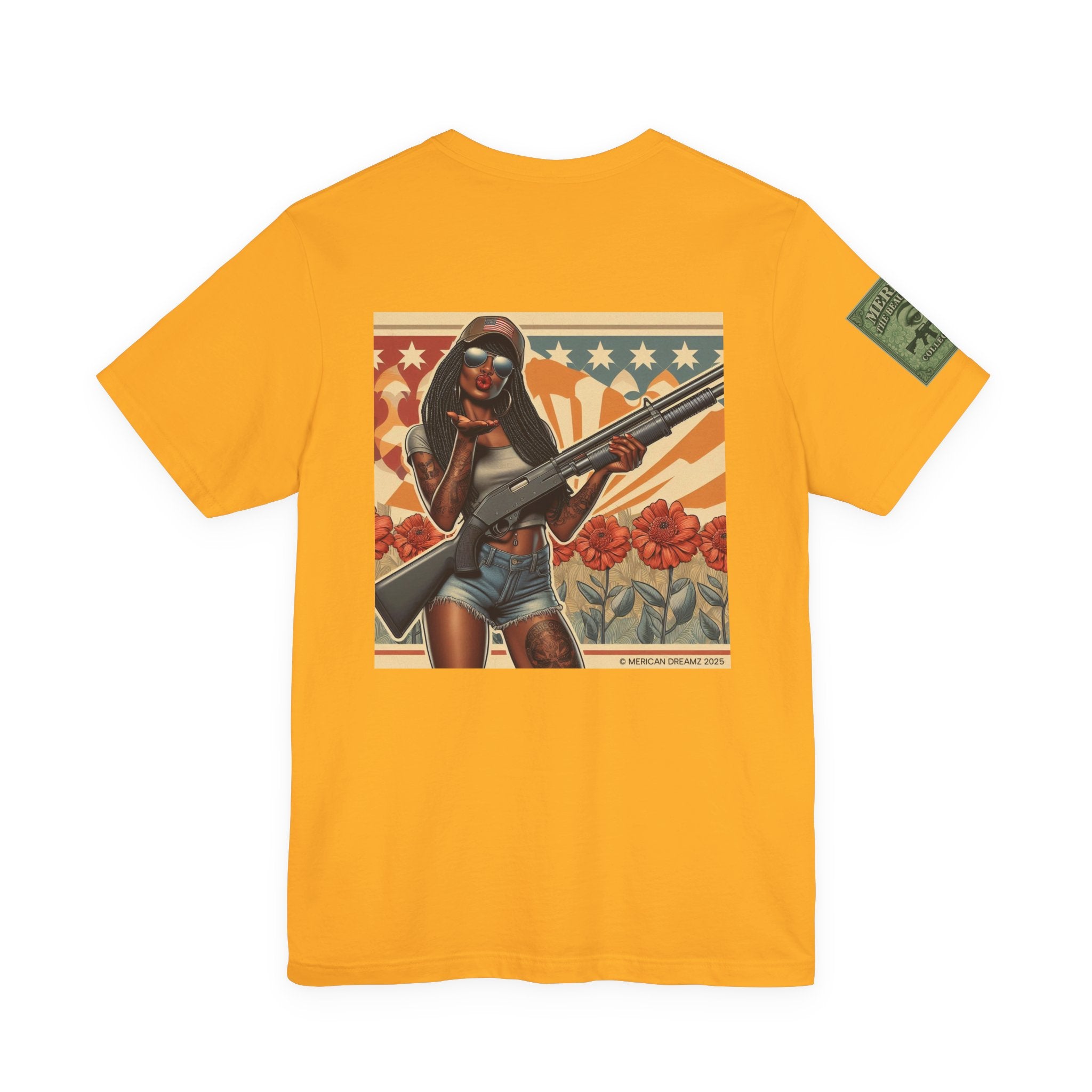 Graphic Short Sleeve Tee front and back — Retro Americana Pin-Up Cowgirls with 12 Gauge Shotguns