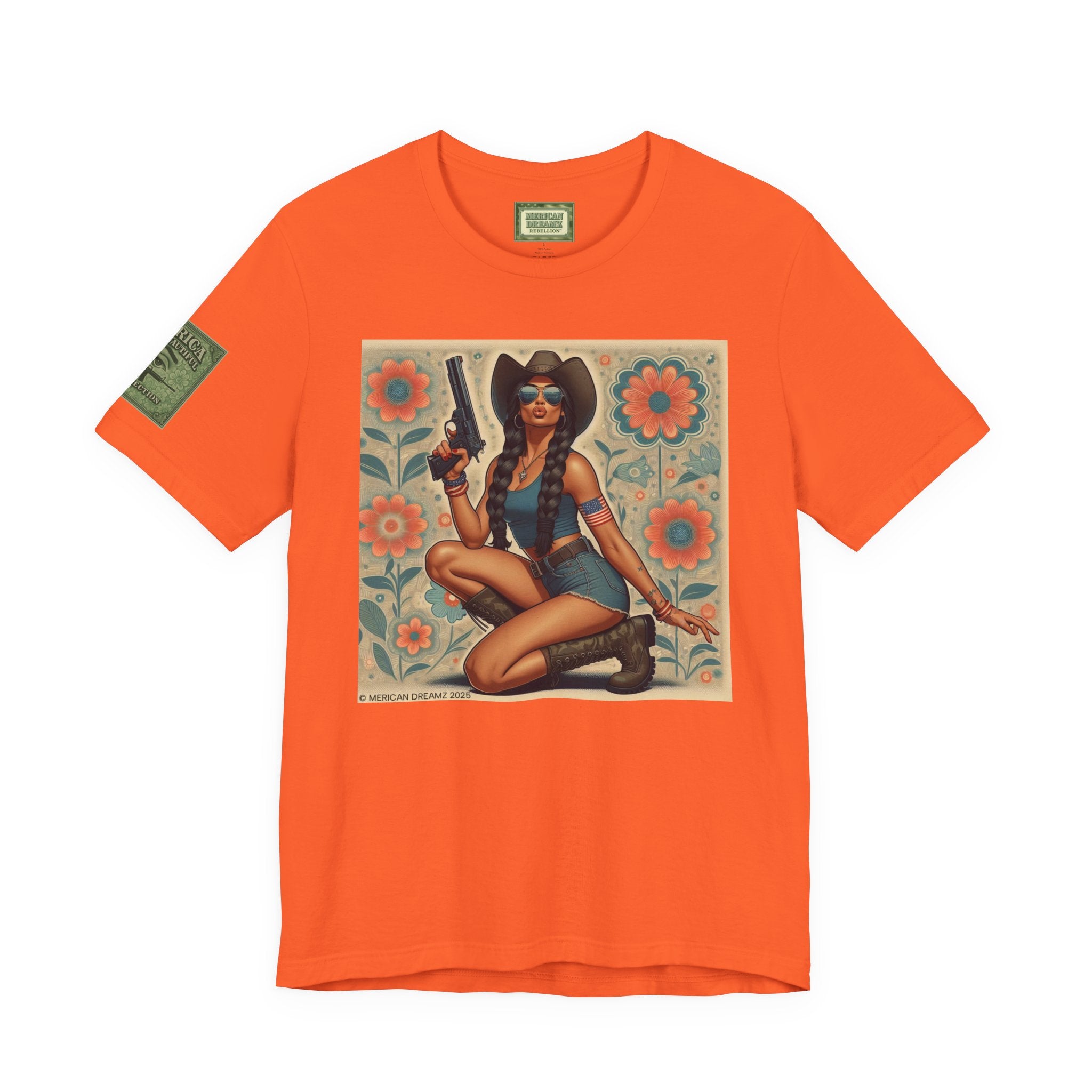 Graphic Short Sleeve Tee front and back — Retro Americana Pin-Up Cowgirls with 9mm Pistols